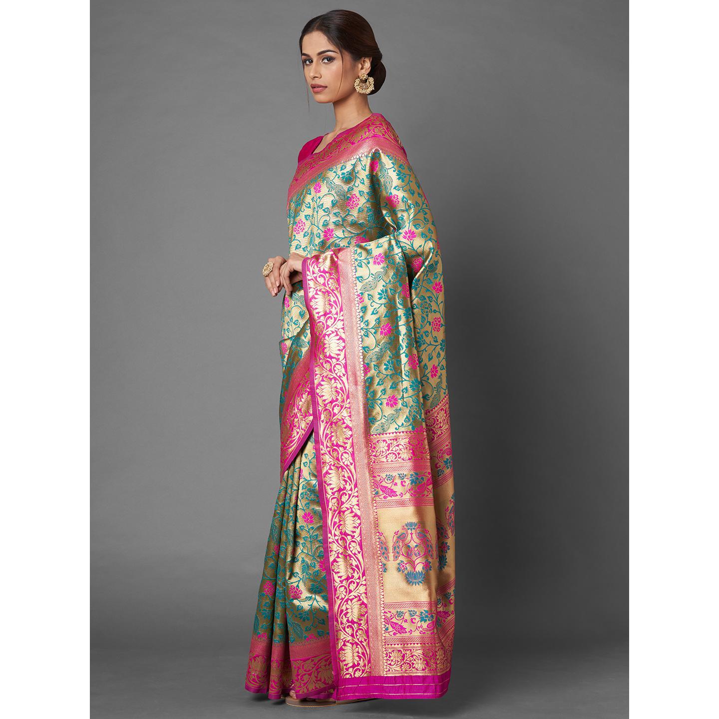Saree Mall Green & Pink Festive Wear Silk Floral Designer Blend Banarasi Saree With Unstitched Blouse - Peachmode