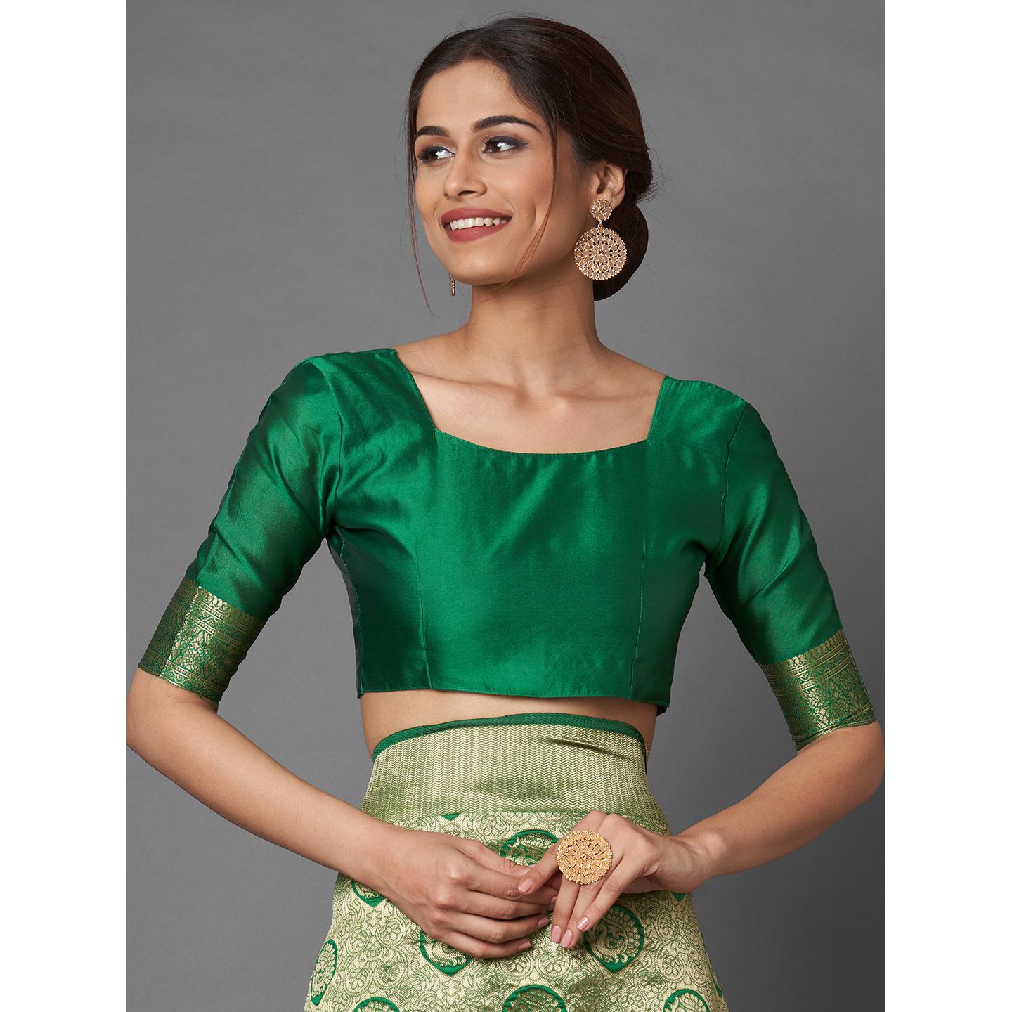 Saree Mall Green Festive Wear Silk Blend Banarasi Saree With Unstitched Blouse - Peachmode