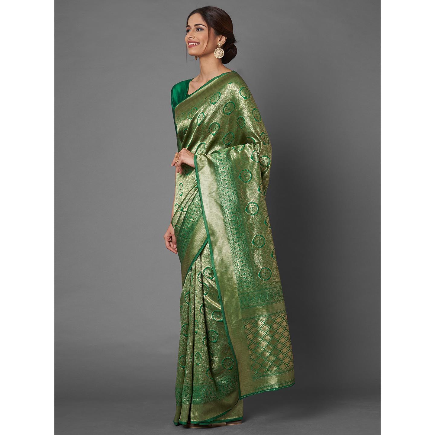 Saree Mall Green Festive Wear Silk Blend Banarasi Saree With Unstitched Blouse - Peachmode