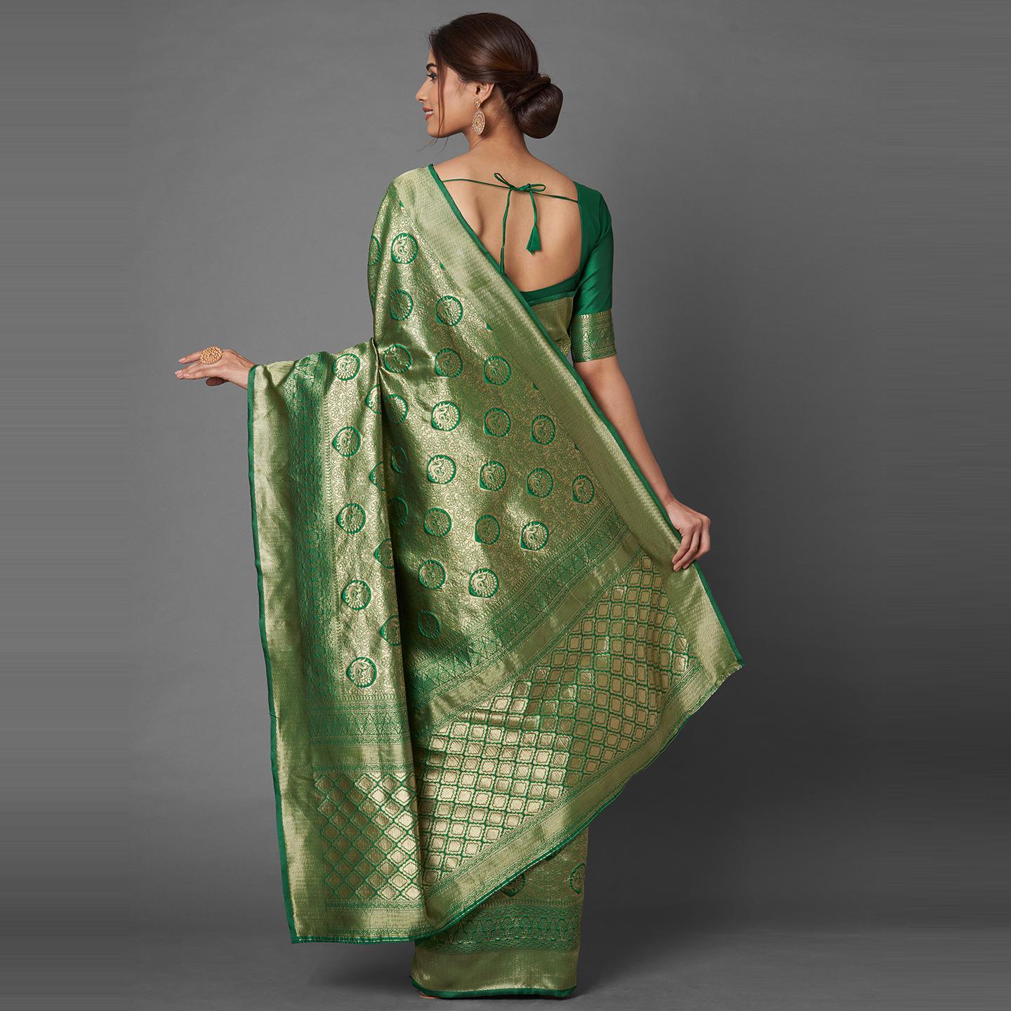 Saree Mall Green Festive Wear Silk Blend Banarasi Saree With Unstitched Blouse - Peachmode