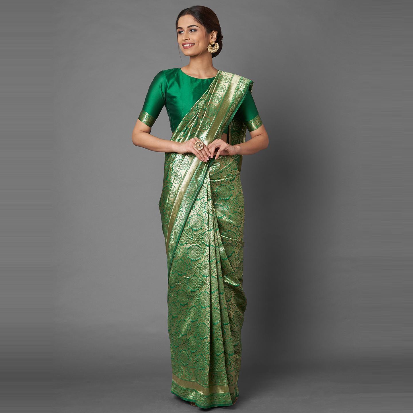 Saree Mall Green Festive Wear Silk Blend Floral Designer Banarasi Saree With Unstitched Blouse - Peachmode