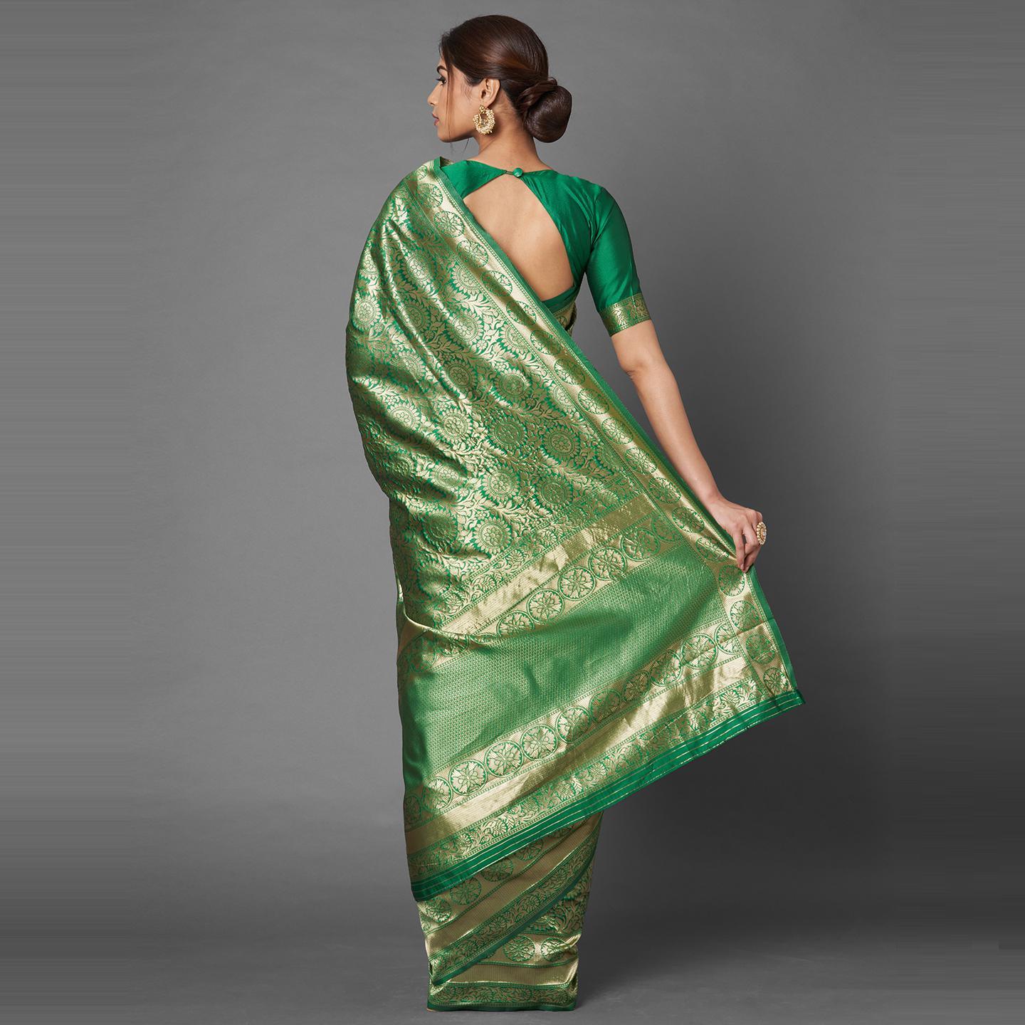 Saree Mall Green Festive Wear Silk Blend Floral Designer Banarasi Saree With Unstitched Blouse - Peachmode