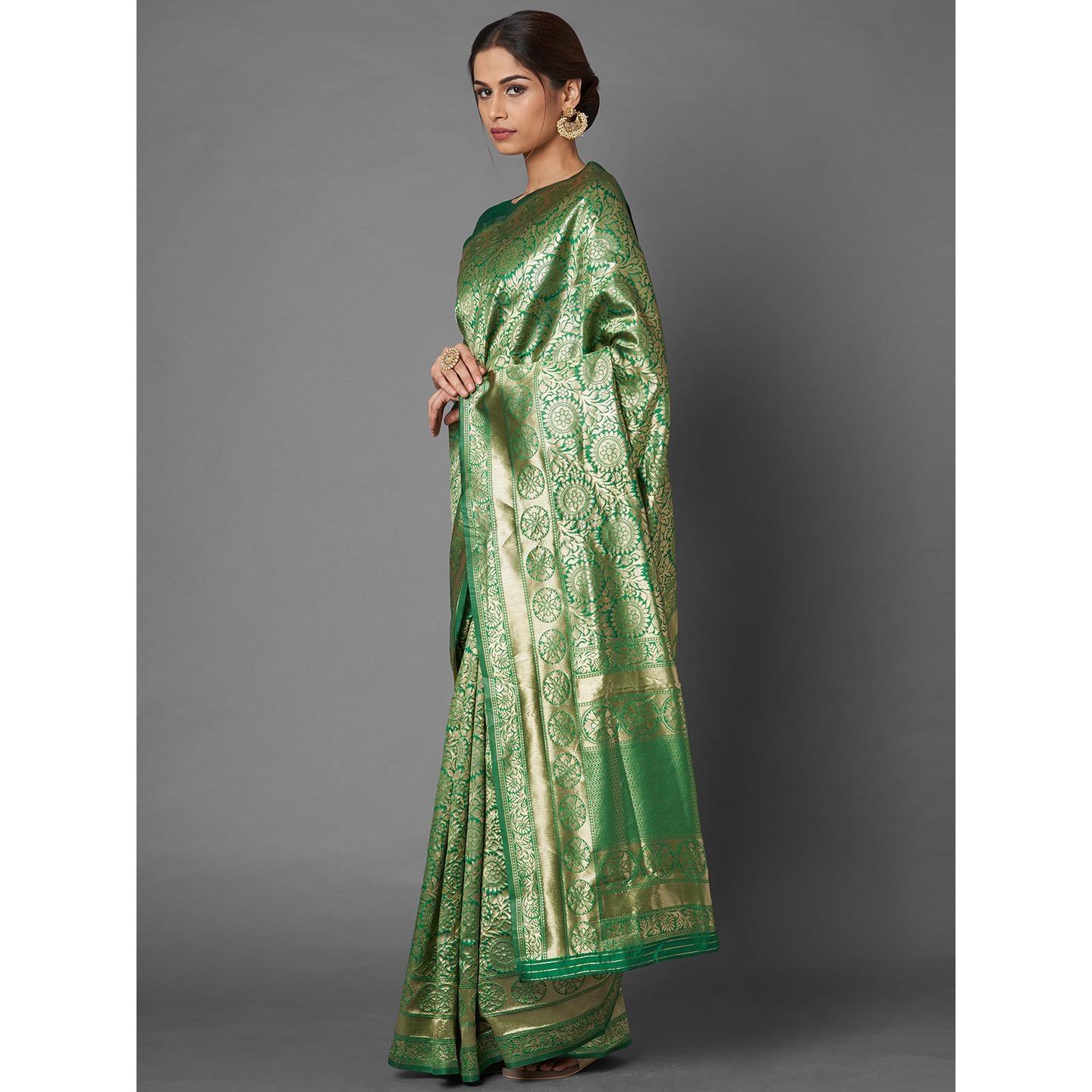 Saree Mall Green Festive Wear Silk Blend Floral Designer Banarasi Saree With Unstitched Blouse - Peachmode