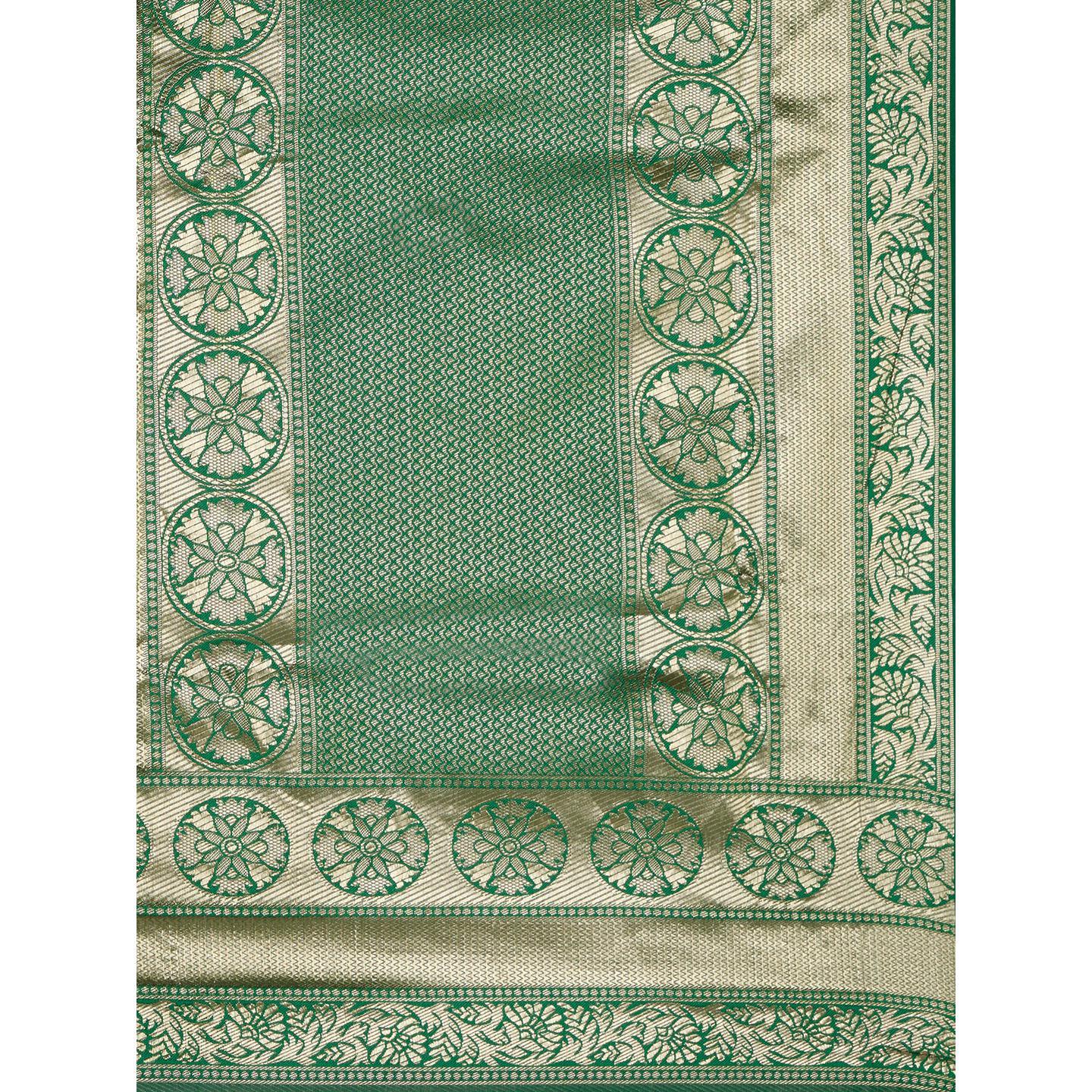 Saree Mall Green Festive Wear Silk Blend Floral Designer Banarasi Saree With Unstitched Blouse - Peachmode