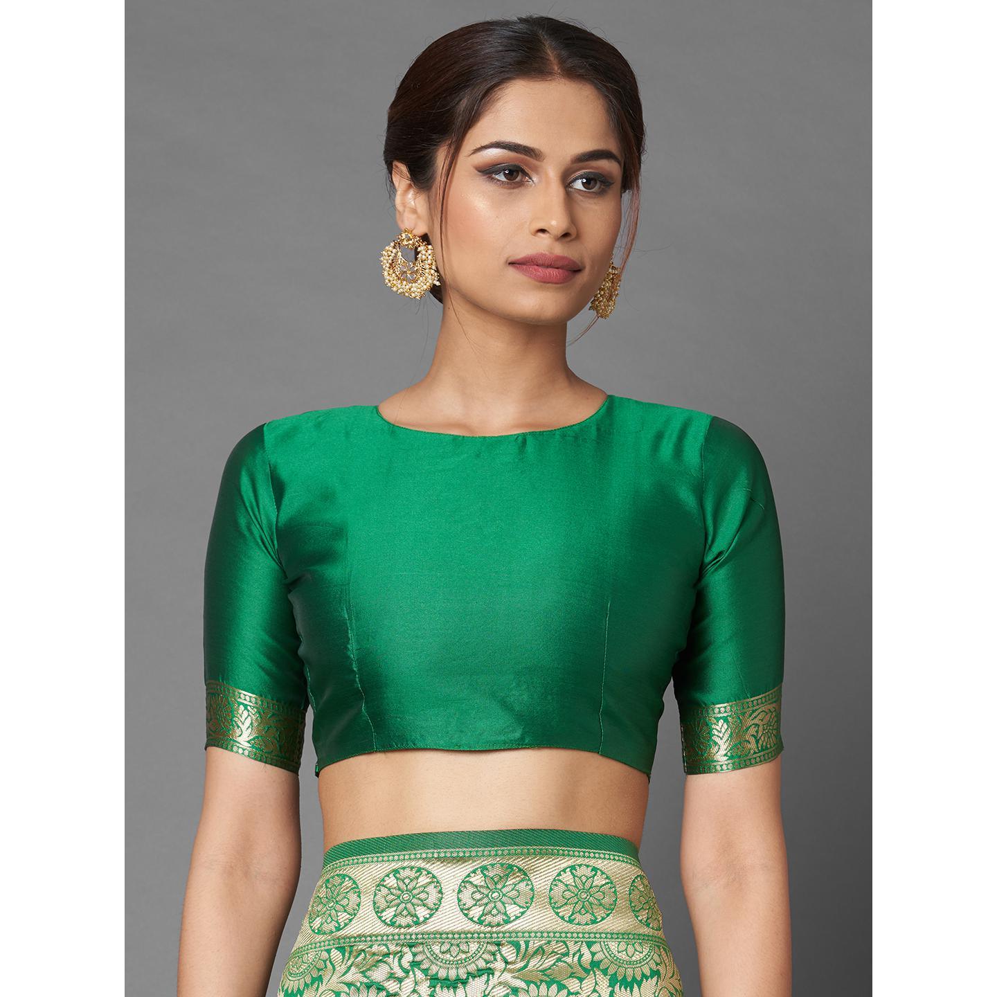 Saree Mall Green Festive Wear Silk Blend Floral Designer Banarasi Saree With Unstitched Blouse - Peachmode