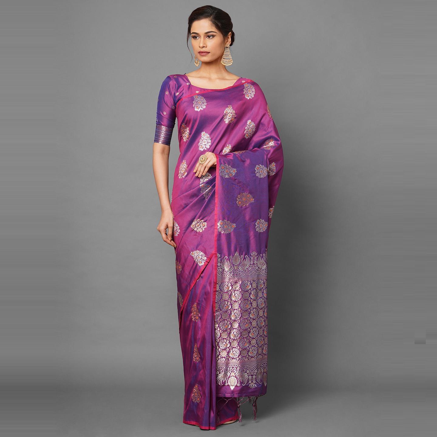 Saree Mall Magenta Festive Wear Silk Blend Abstract Designer Woven Border Saree With Unstitched Blouse - Peachmode
