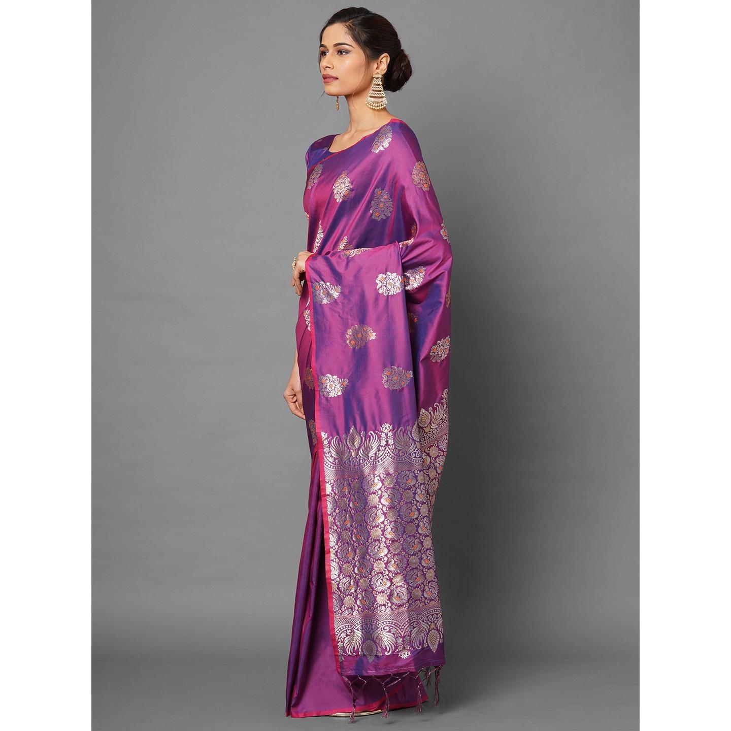 Saree Mall Magenta Festive Wear Silk Blend Abstract Designer Woven Border Saree With Unstitched Blouse - Peachmode