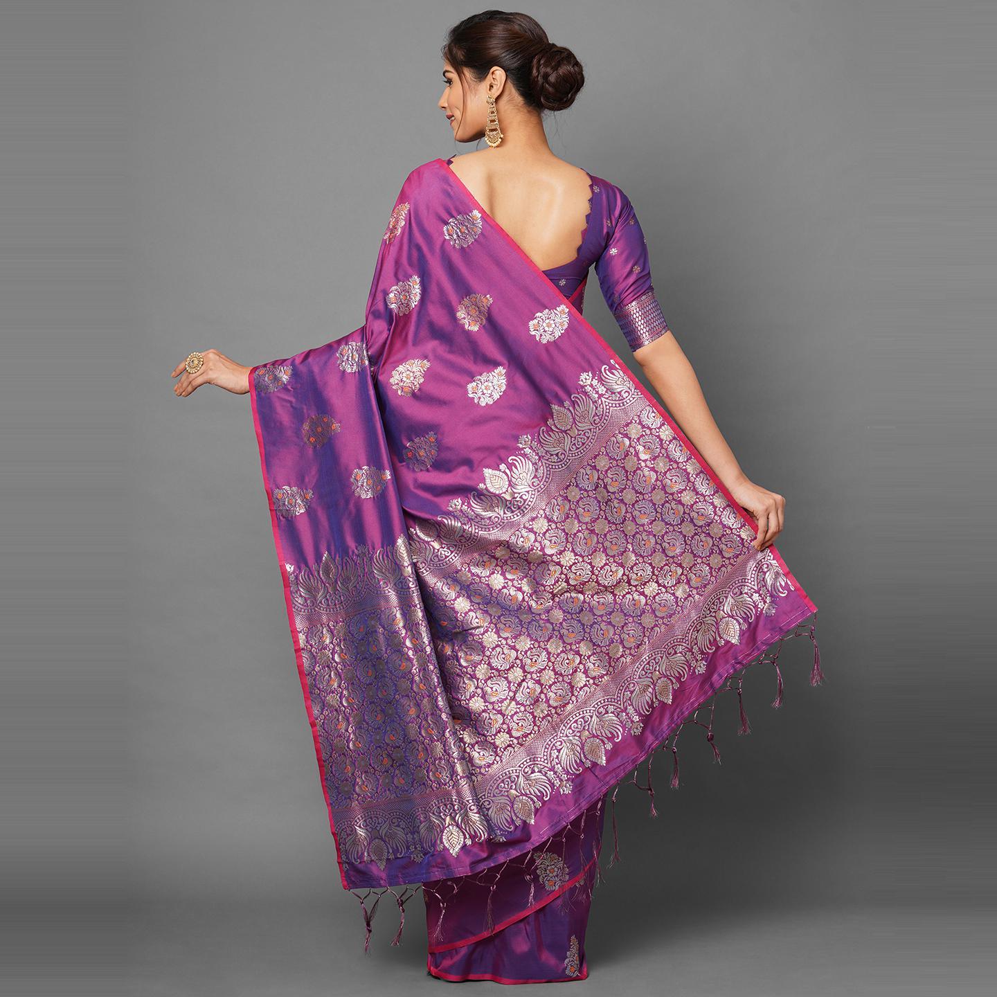 Saree Mall Magenta Festive Wear Silk Blend Abstract Designer Woven Border Saree With Unstitched Blouse - Peachmode