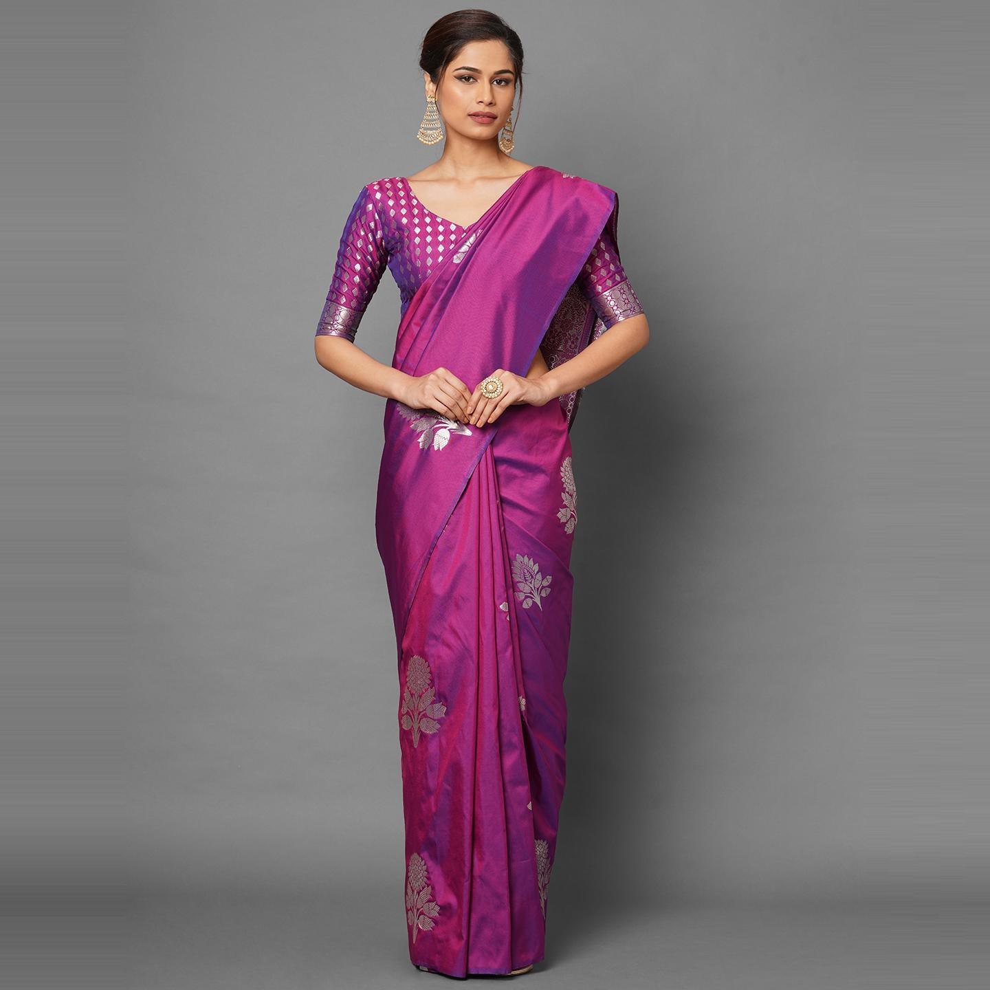 Saree Mall Magenta Festive Wear Silk Blend Banarasi Woven Saree With Unstitched Blouse - Peachmode