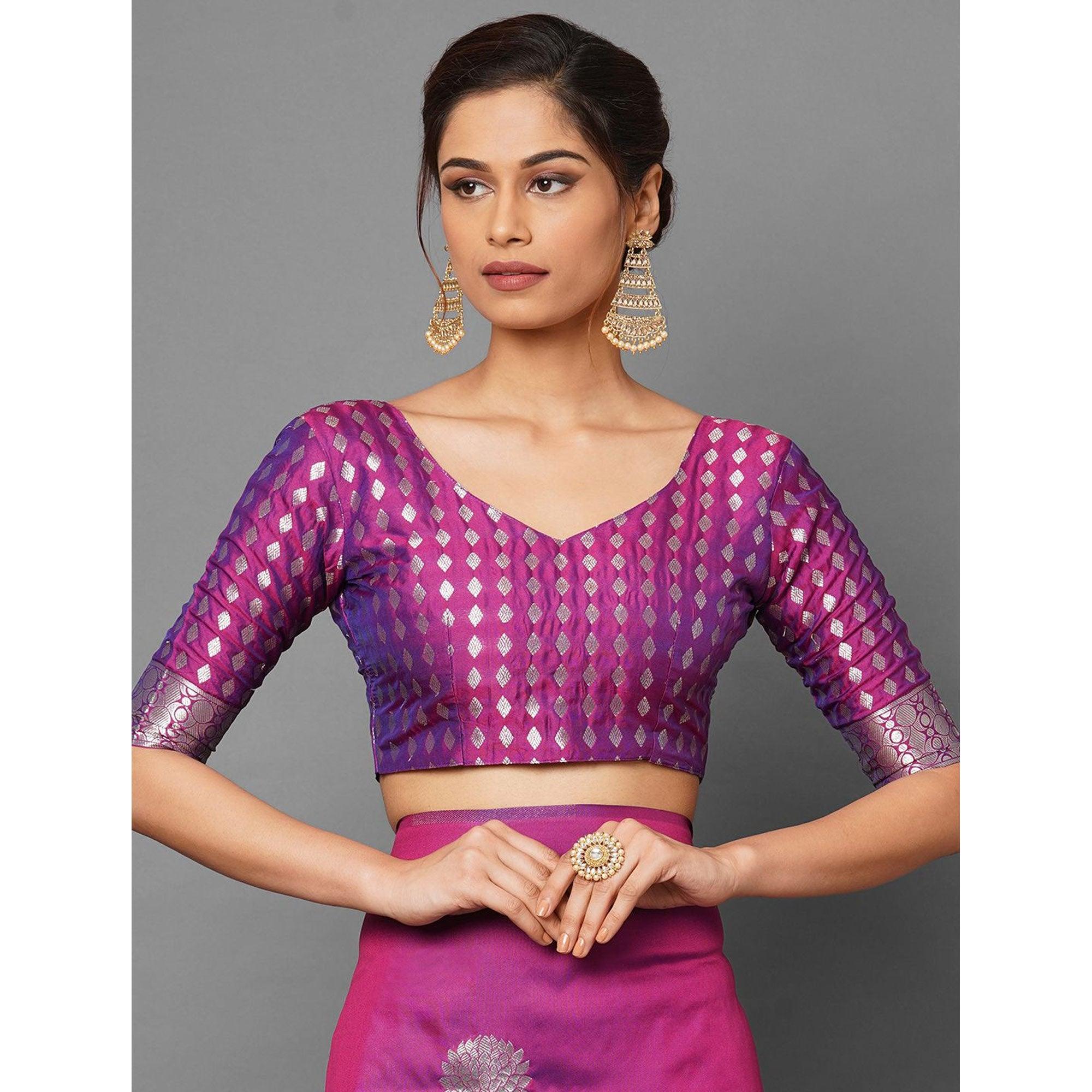Saree Mall Magenta Festive Wear Silk Blend Banarasi Woven Saree With Unstitched Blouse - Peachmode