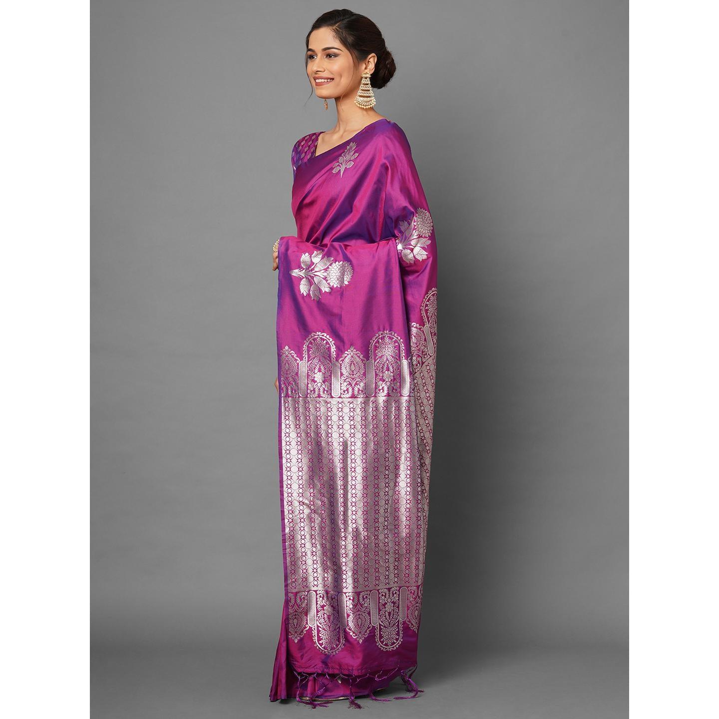 Saree Mall Magenta Festive Wear Silk Blend Banarasi Woven Saree With Unstitched Blouse - Peachmode