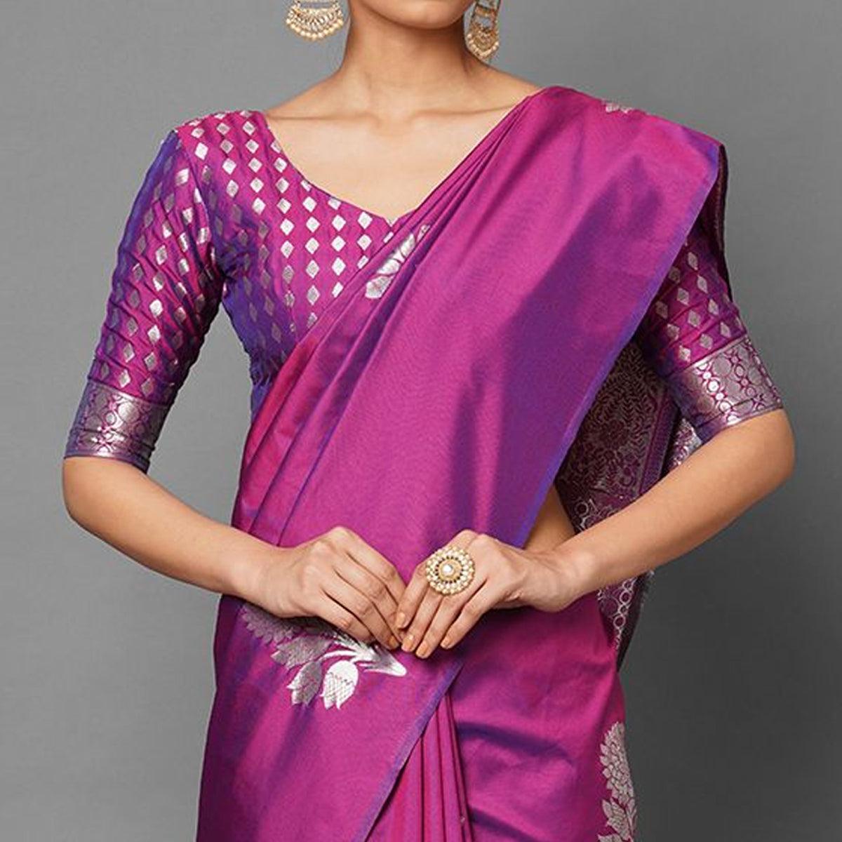 Saree Mall Magenta Festive Wear Silk Blend Banarasi Woven Saree With Unstitched Blouse - Peachmode