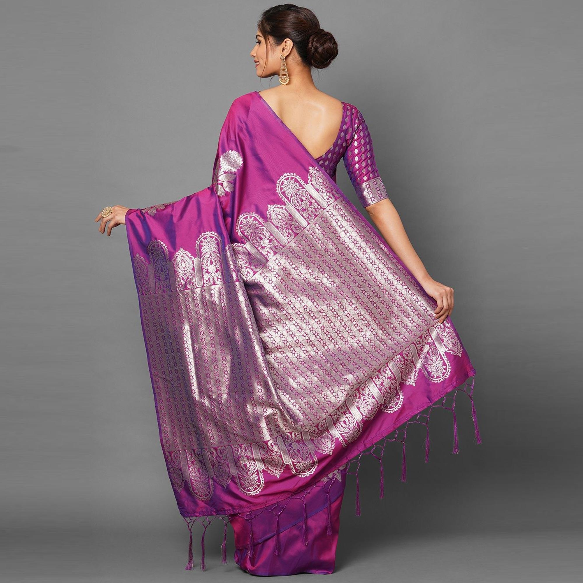 Saree Mall Magenta Festive Wear Silk Blend Banarasi Woven Saree With Unstitched Blouse - Peachmode