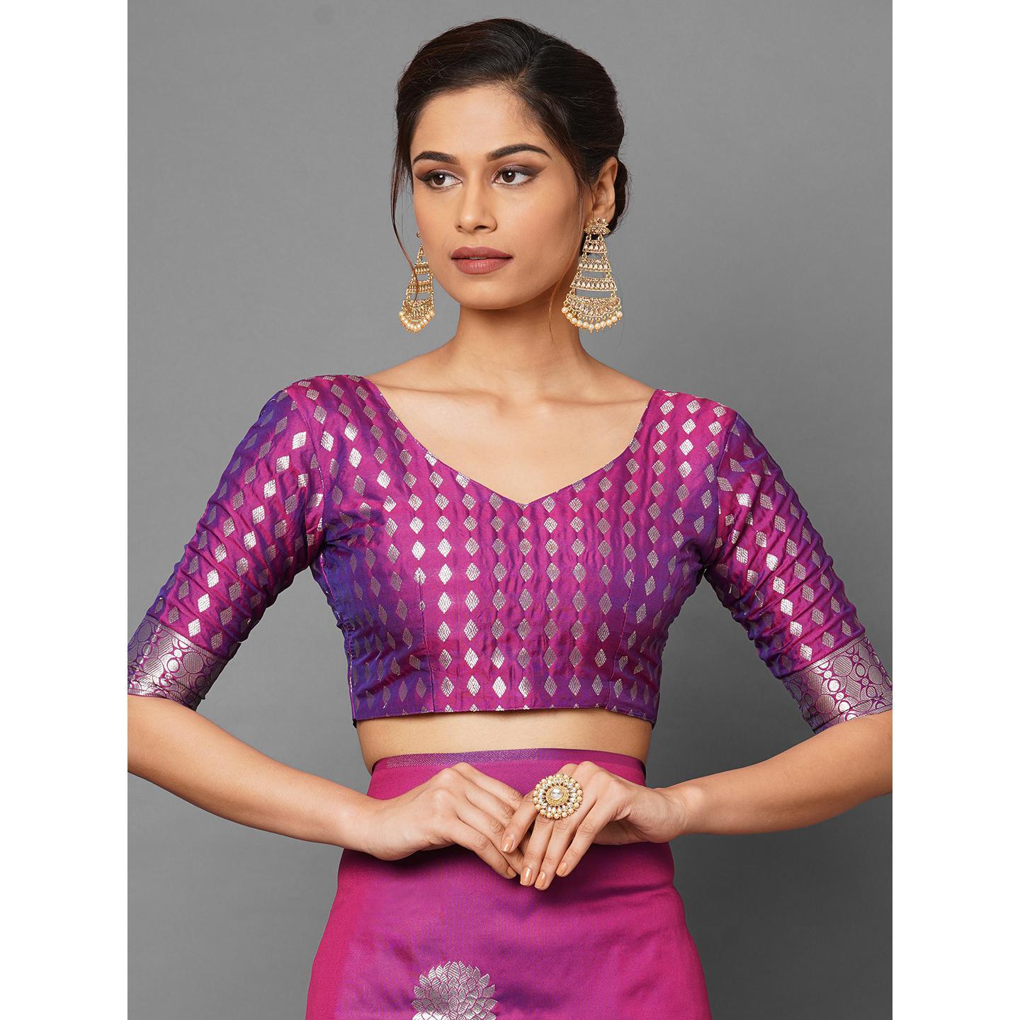 Saree Mall Magenta Festive Wear Silk Blend Banarasi Woven Saree With Unstitched Blouse - Peachmode