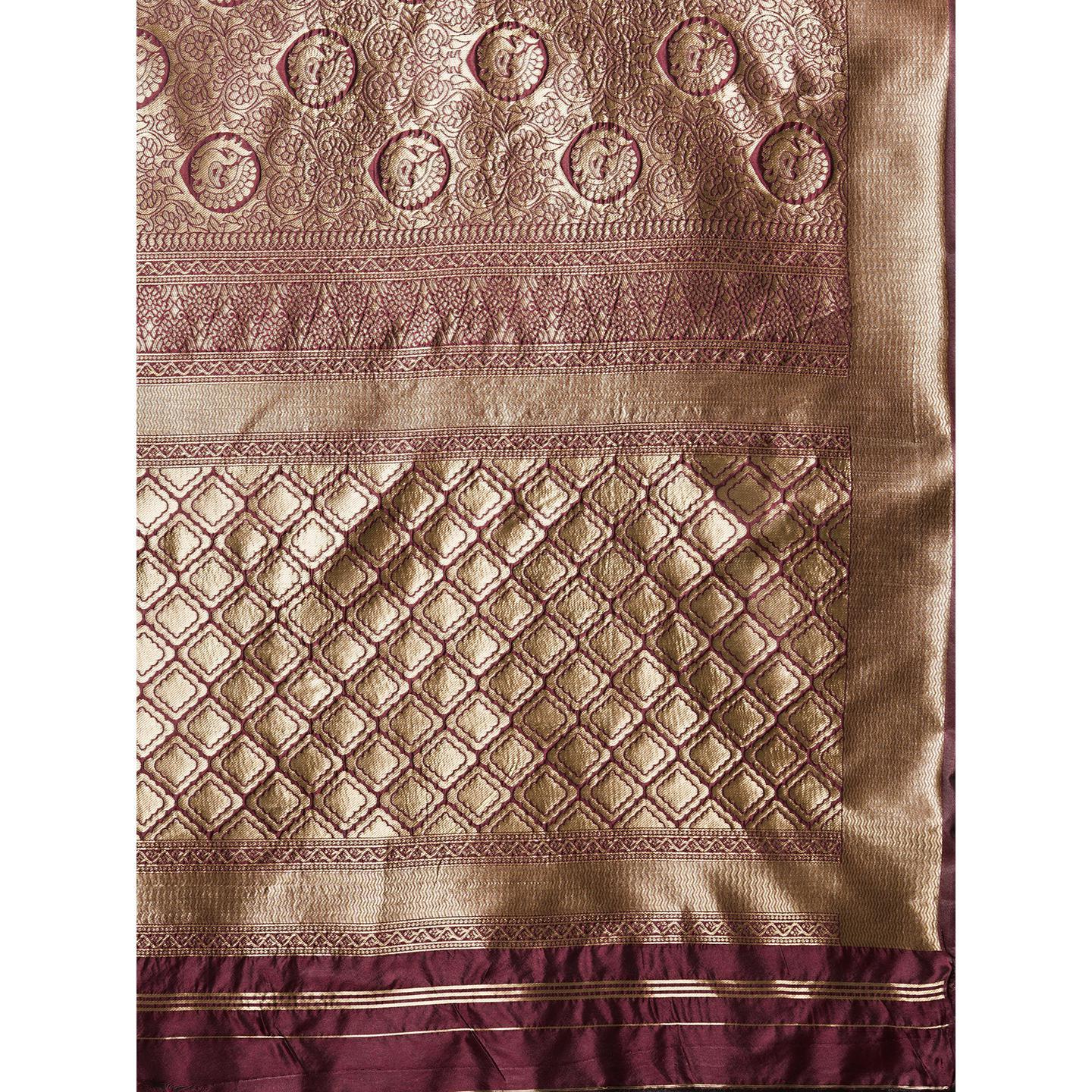 Saree Mall Maroon Festive Wear Silk Blend Banarasi Saree With Unstitched Blouse - Peachmode