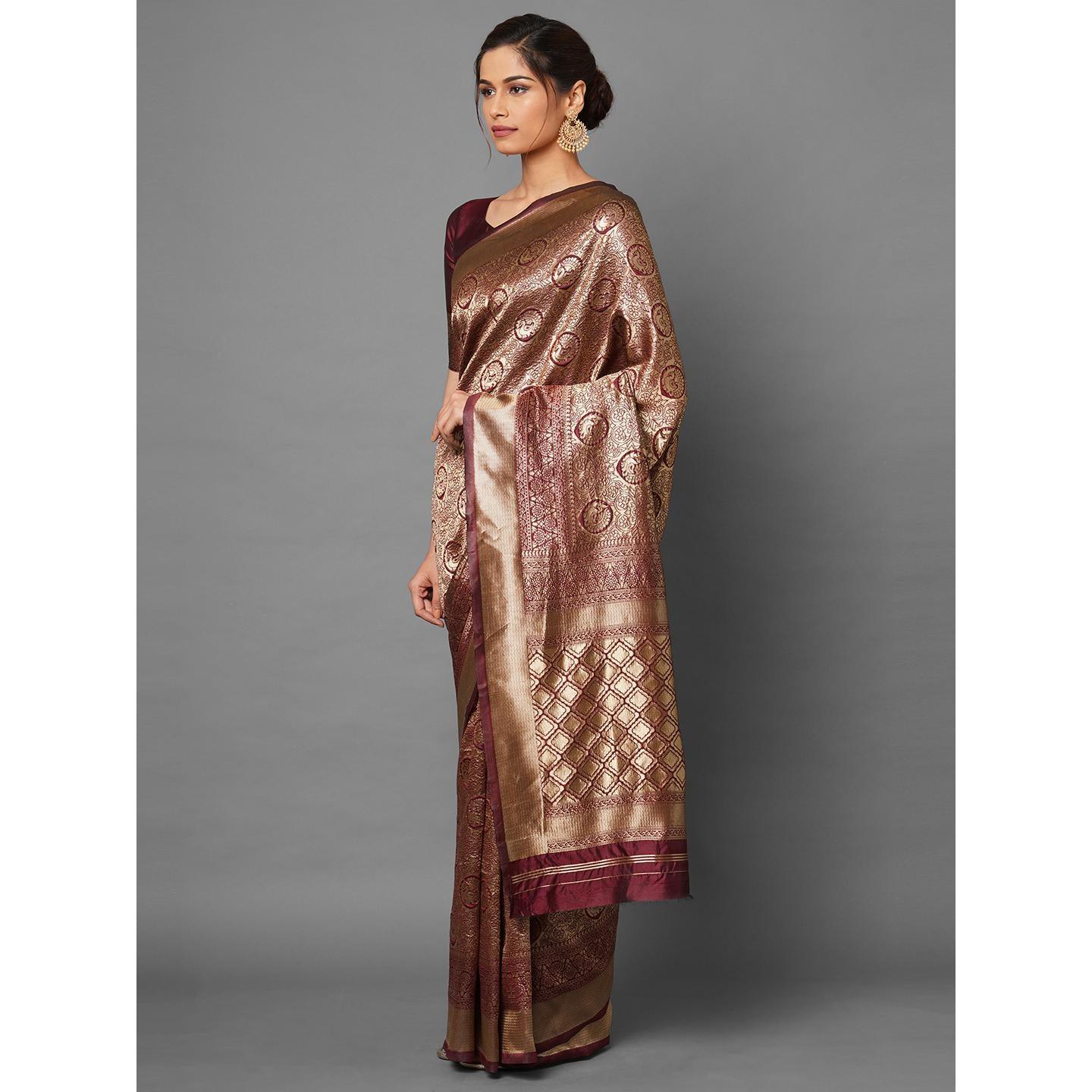 Saree Mall Maroon Festive Wear Silk Blend Banarasi Saree With Unstitched Blouse - Peachmode