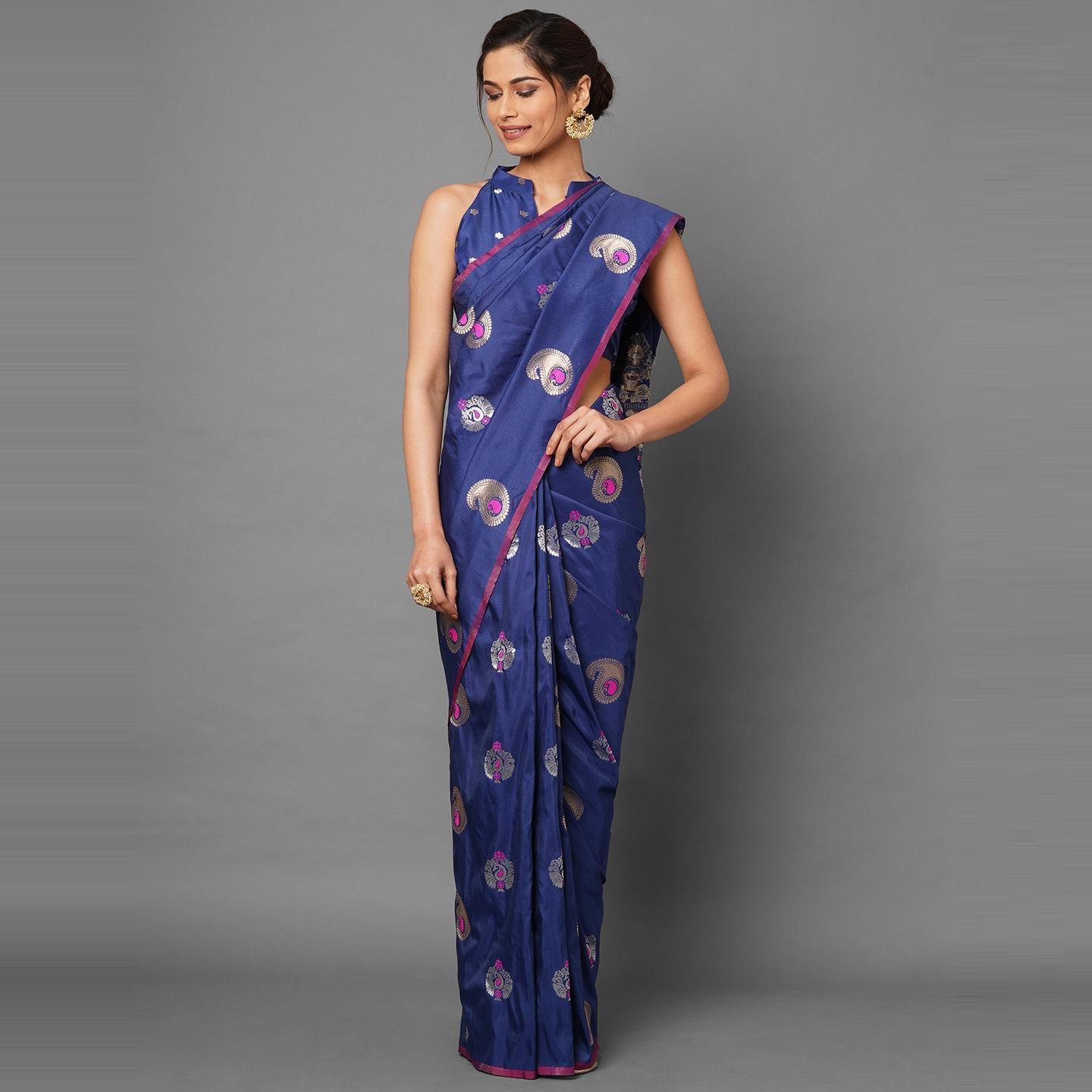 Saree Mall Navy Blue Festive Wear Silk Blend Abstract Designer Woven Border Saree With Unstitched Blouse - Peachmode