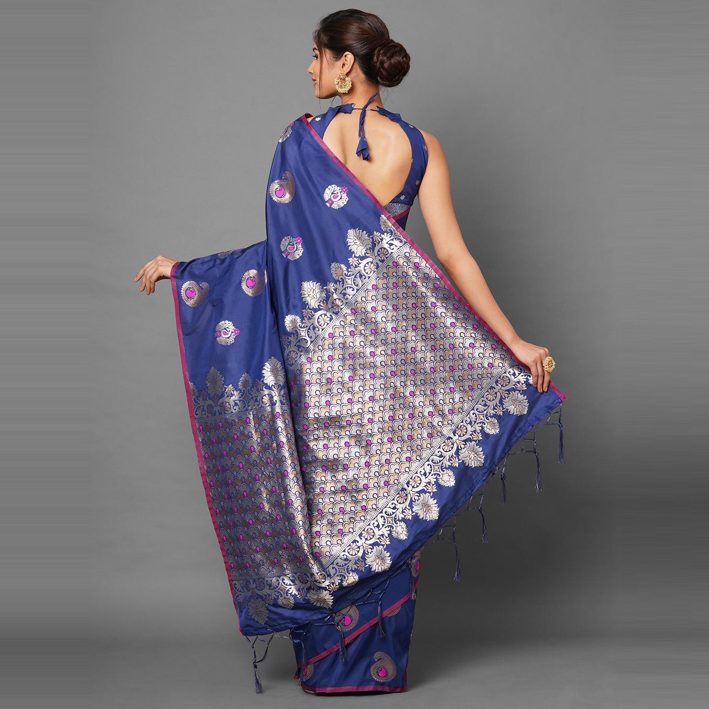 Saree Mall Navy Blue Festive Wear Silk Blend Abstract Designer Woven Border Saree With Unstitched Blouse - Peachmode