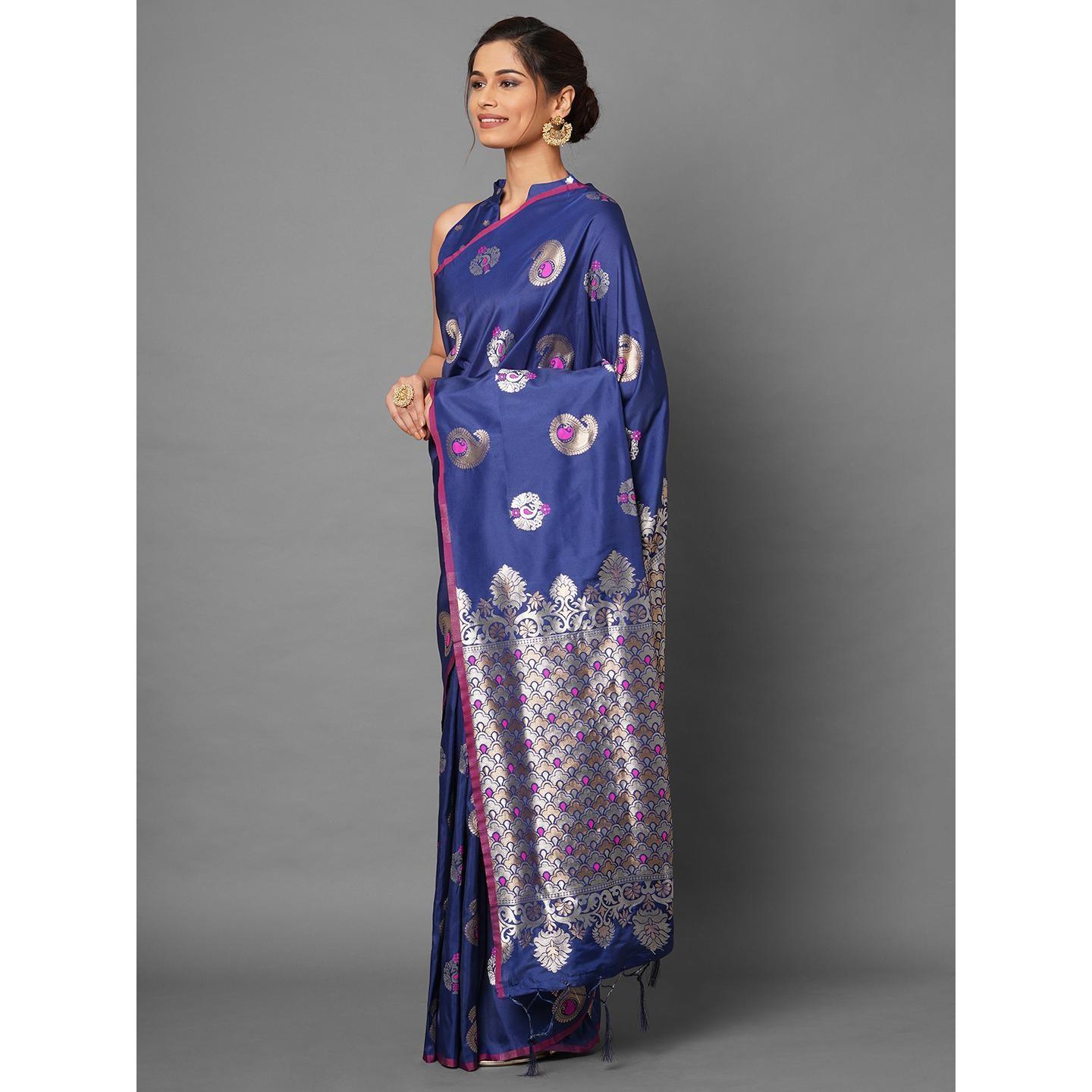 Saree Mall Navy Blue Festive Wear Silk Blend Abstract Designer Woven Border Saree With Unstitched Blouse - Peachmode