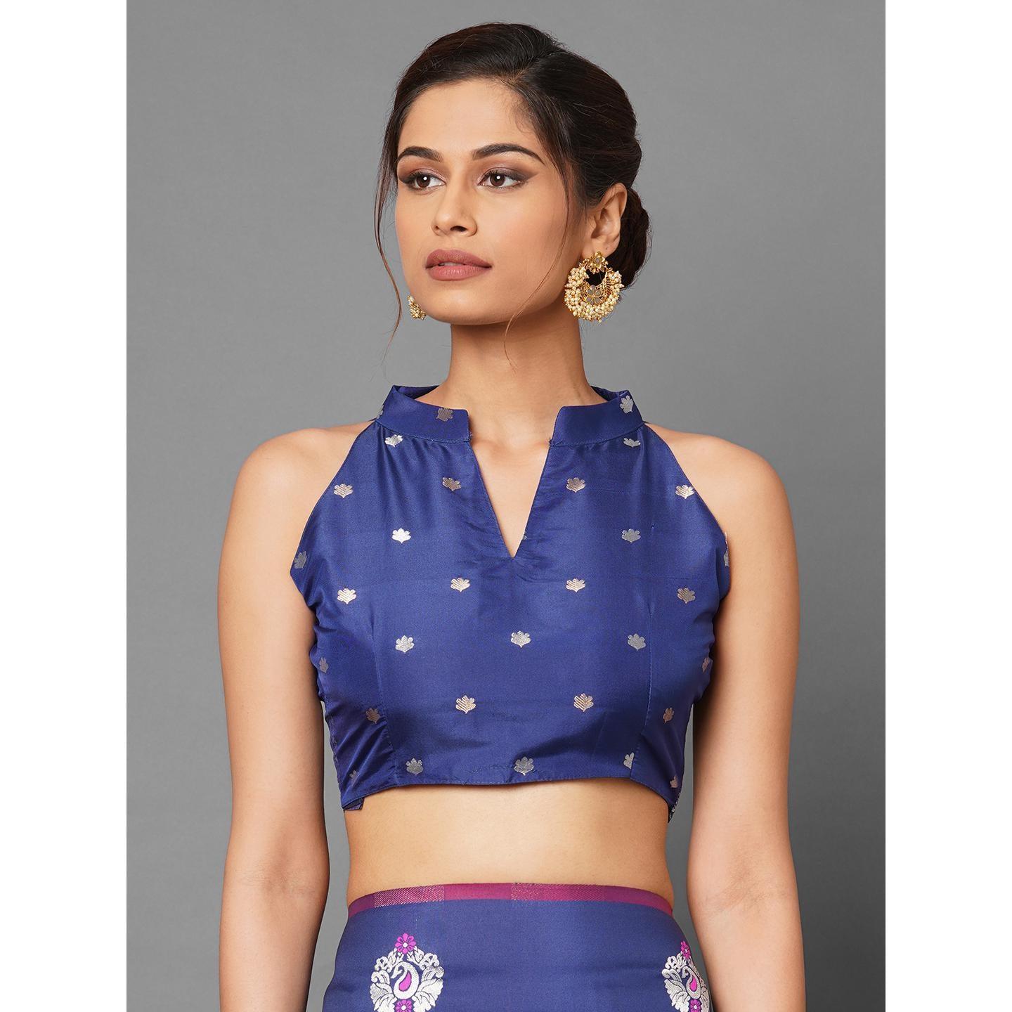 Saree Mall Navy Blue Festive Wear Silk Blend Abstract Designer Woven Border Saree With Unstitched Blouse - Peachmode