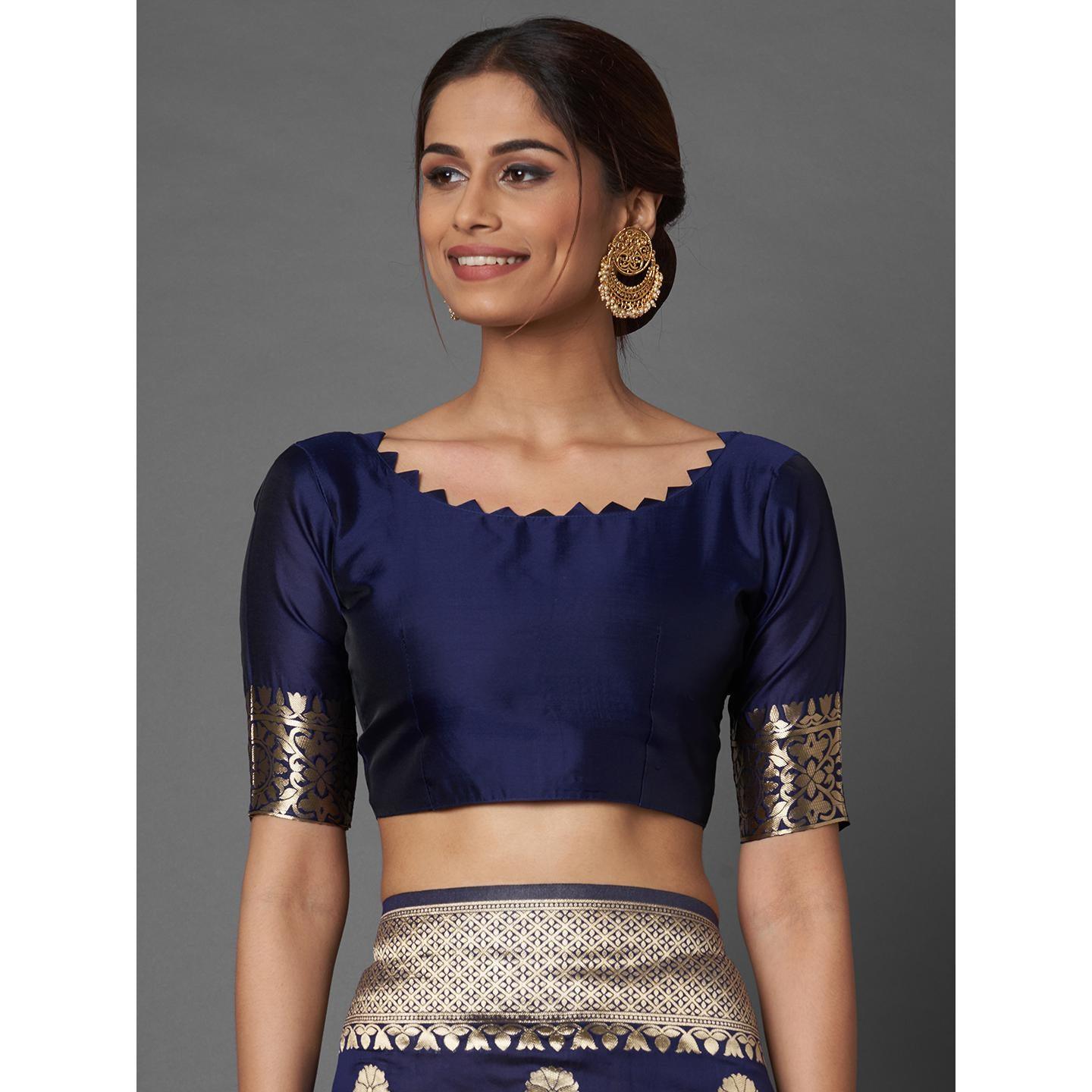 Saree Mall Navy Blue Festive Wear Silk Blend Floral Designer Banarasi Saree With Unstitched Blouse - Peachmode