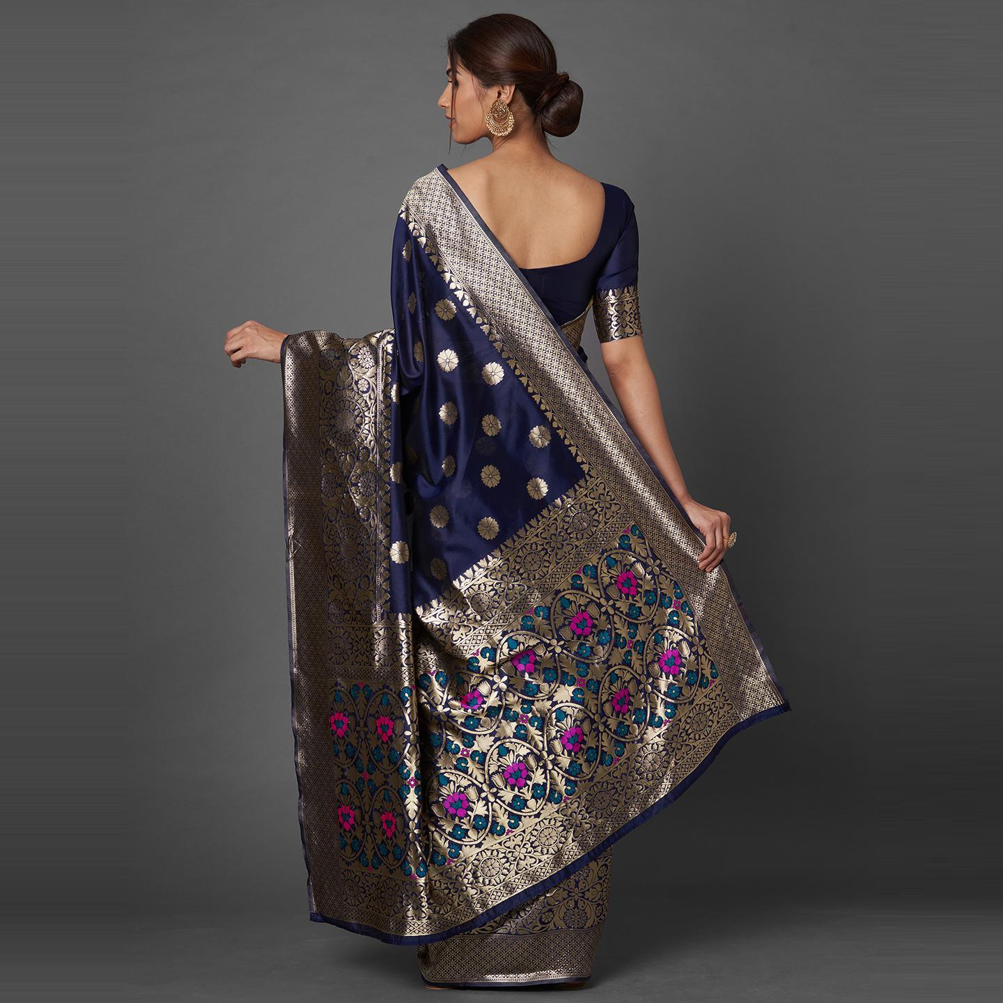 Saree Mall Navy Blue Festive Wear Silk Blend Floral Designer Banarasi Saree With Unstitched Blouse - Peachmode
