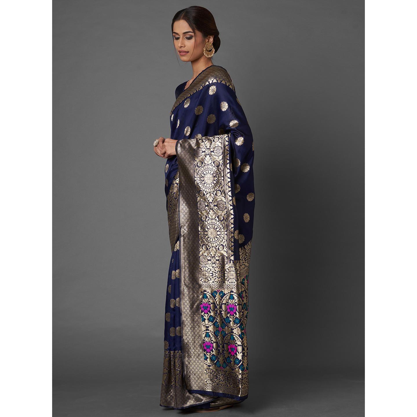 Saree Mall Navy Blue Festive Wear Silk Blend Floral Designer Banarasi Saree With Unstitched Blouse - Peachmode