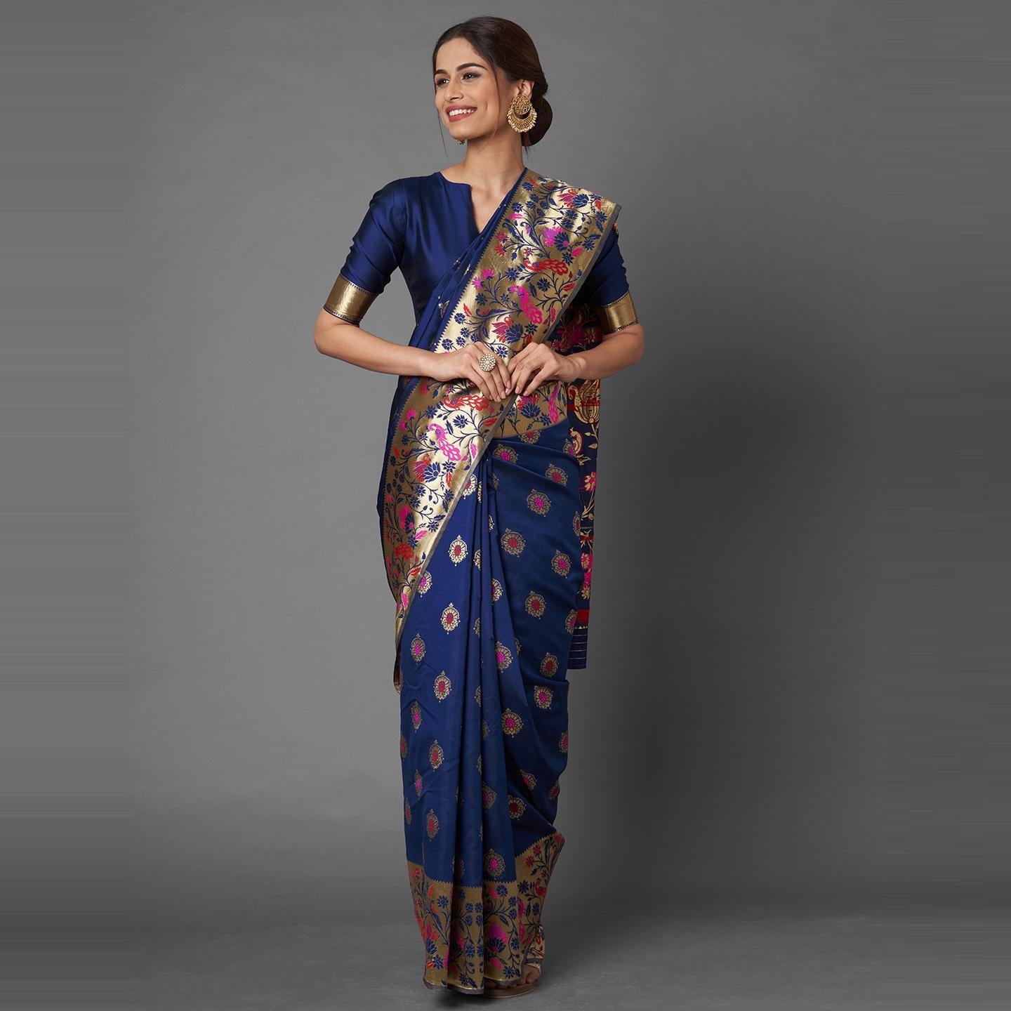 Saree Mall Navy Blue Festive Wear Silk Blend Woven Floral Designer Saree With Unstitched Blouse - Peachmode