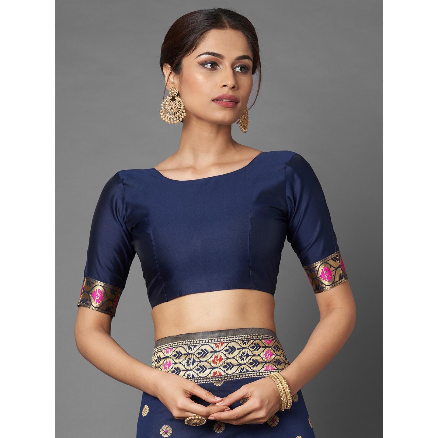 Saree Mall Navy Blue Festive Wear Silk Blend Woven Floral Designer Saree With Unstitched Blouse - Peachmode