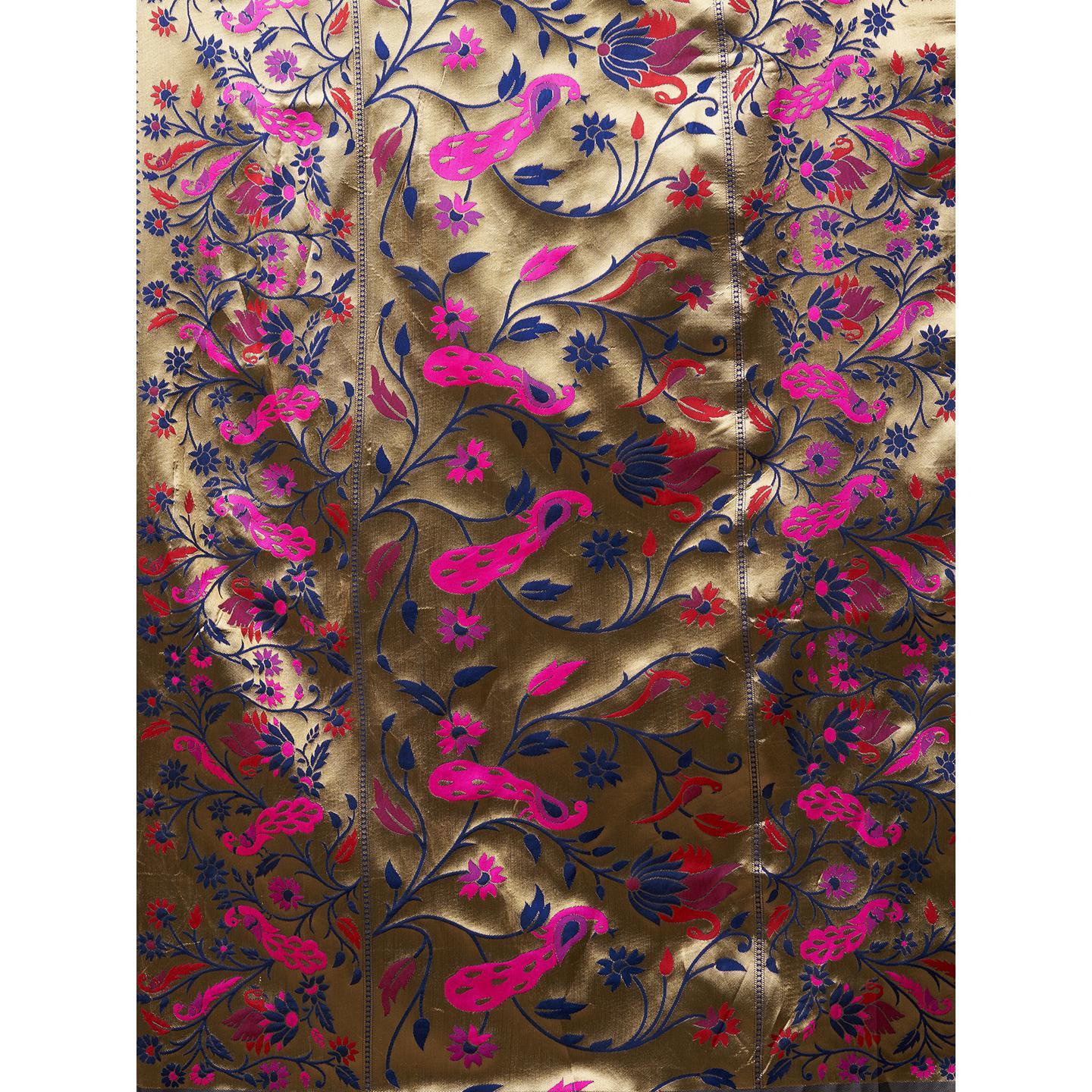 Saree Mall Navy Blue Festive Wear Silk Blend Woven Floral Designer Saree With Unstitched Blouse - Peachmode