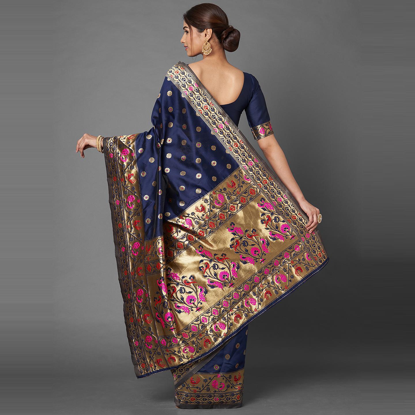 Saree Mall Navy Blue Festive Wear Silk Blend Woven Floral Designer Saree With Unstitched Blouse - Peachmode