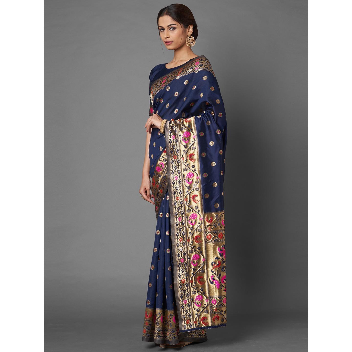 Saree Mall Navy Blue Festive Wear Silk Blend Woven Floral Designer Saree With Unstitched Blouse - Peachmode