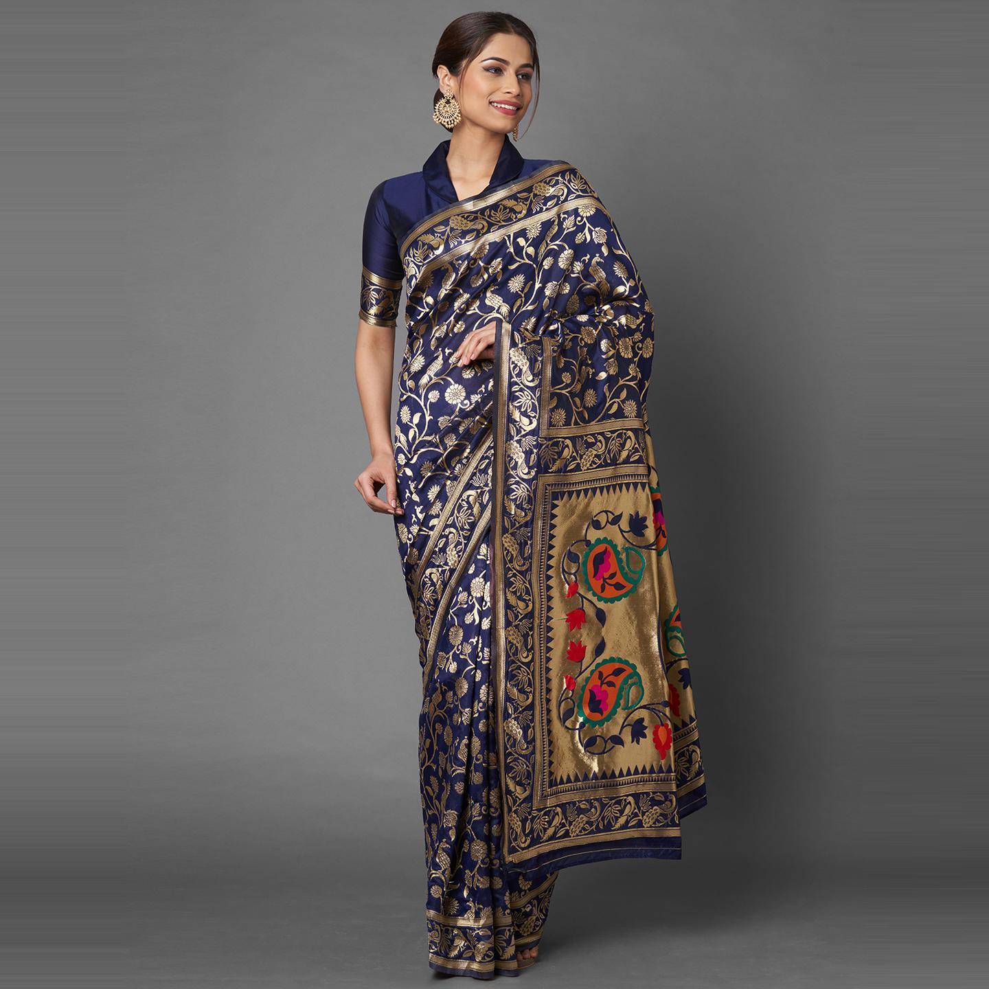 Saree Mall Navy Blue Party Wear Silk Blend Floral Designer Banarasi Saree With Unstitched Blouse - Peachmode