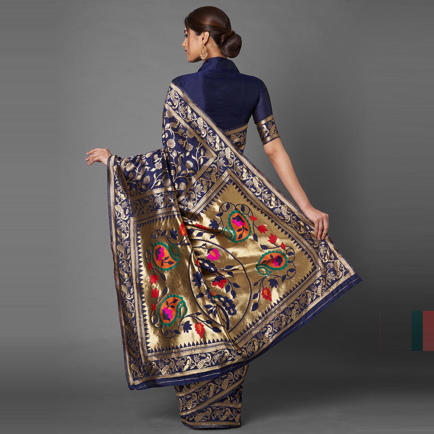 Saree Mall Navy Blue Party Wear Silk Blend Floral Designer Banarasi Saree With Unstitched Blouse - Peachmode