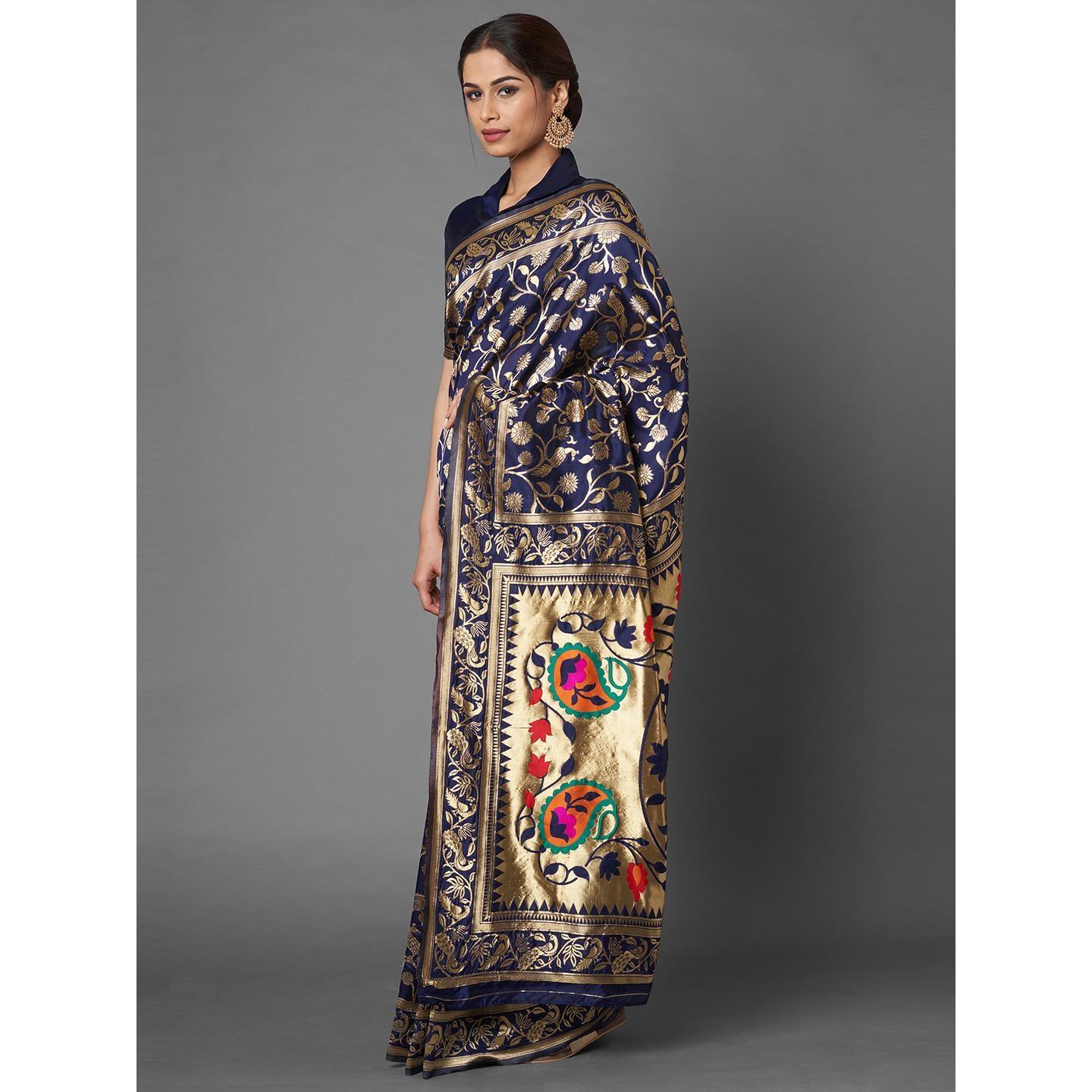 Saree Mall Navy Blue Party Wear Silk Blend Floral Designer Banarasi Saree With Unstitched Blouse - Peachmode