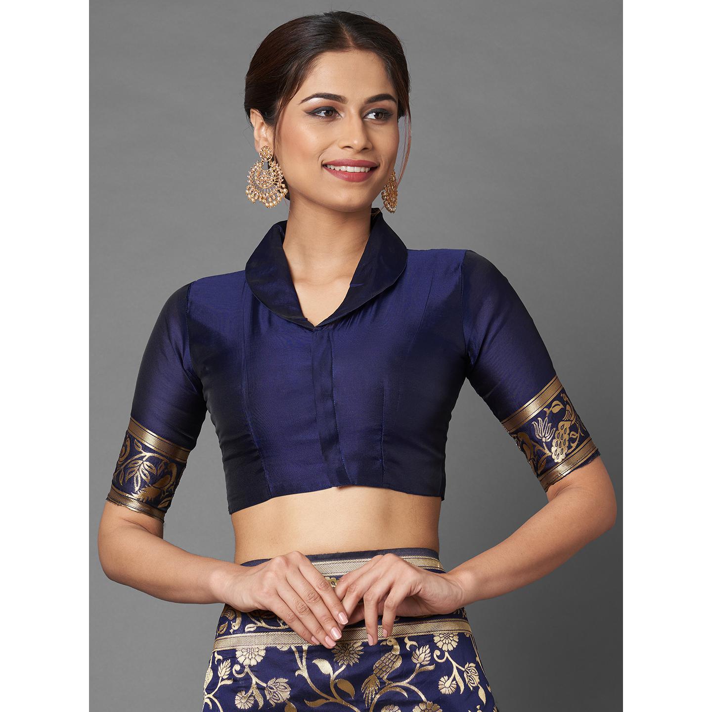 Saree Mall Navy Blue Party Wear Silk Blend Floral Designer Banarasi Saree With Unstitched Blouse - Peachmode