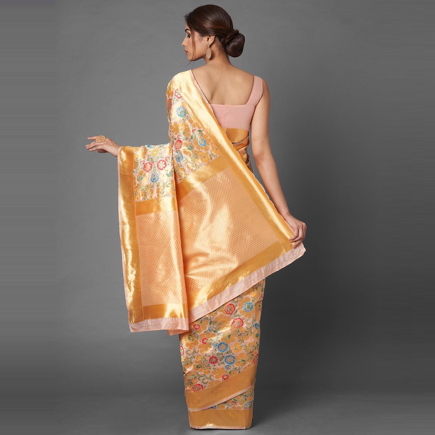 Saree Mall Peach Party Wear Silk Blend Banarasi Floral Designer Saree With Unstitched Blouse - Peachmode