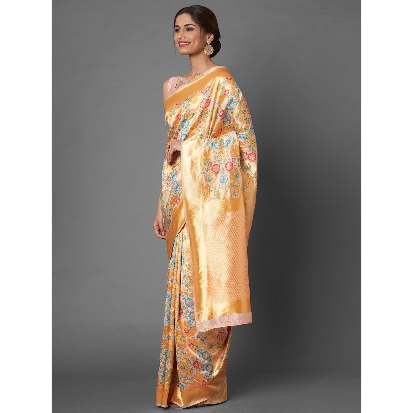 Saree Mall Peach Party Wear Silk Blend Banarasi Floral Designer Saree With Unstitched Blouse - Peachmode