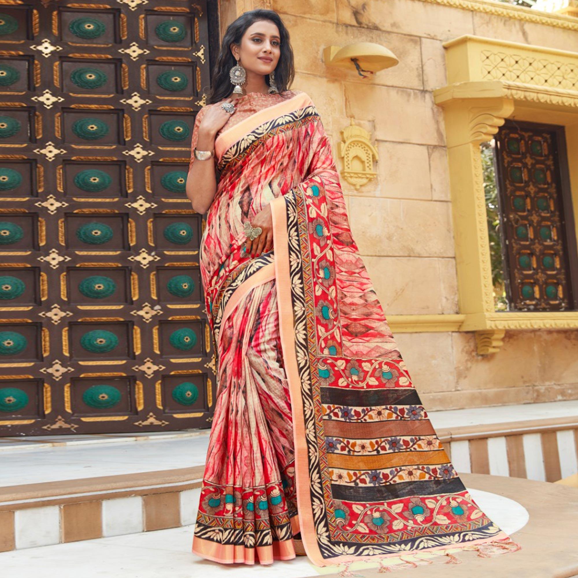 Saree Mall Pink Casual Wear Digital Printed Floral Soft Cotton Saree - Peachmode
