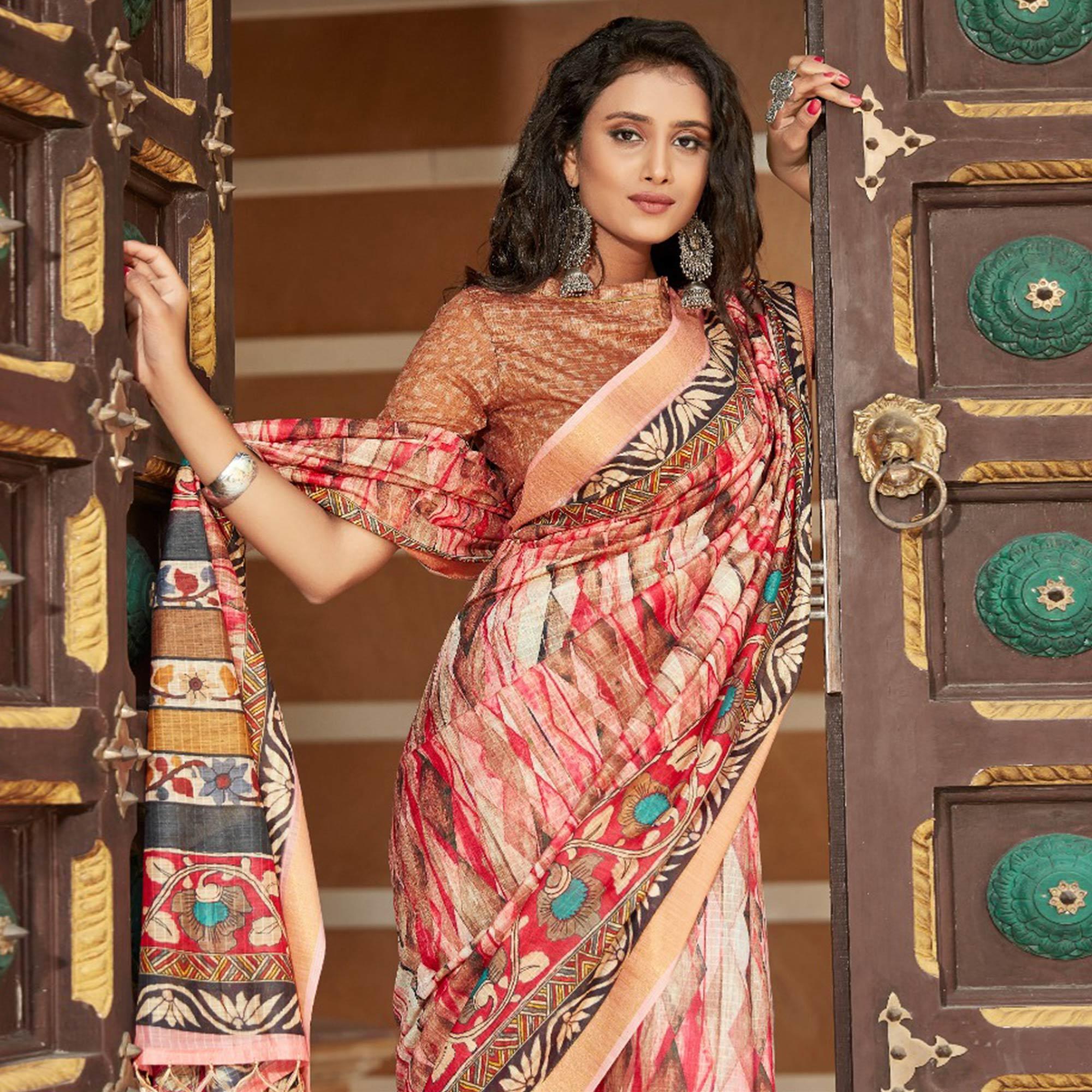 Saree Mall Pink Casual Wear Digital Printed Floral Soft Cotton Saree - Peachmode