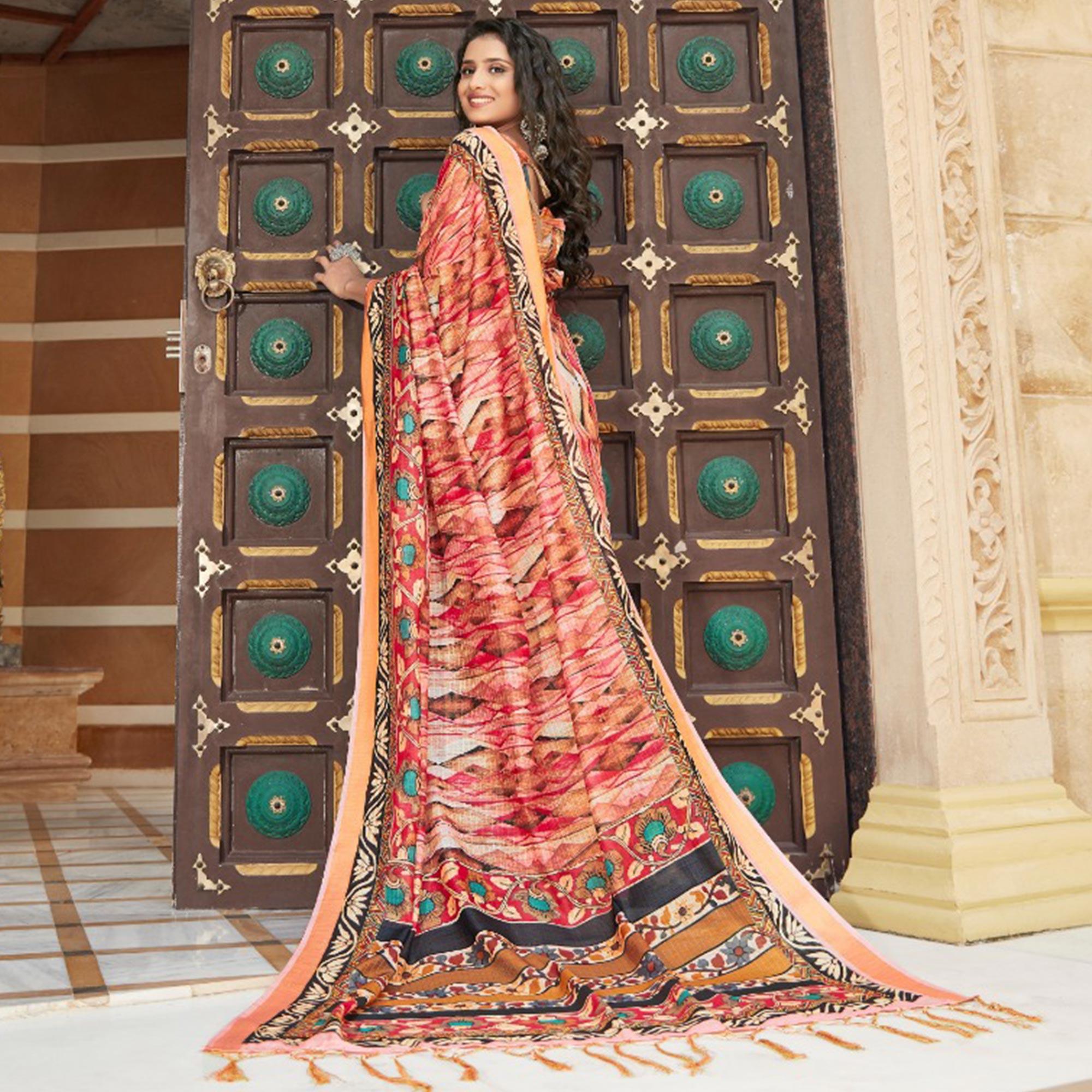 Saree Mall Pink Casual Wear Digital Printed Floral Soft Cotton Saree - Peachmode