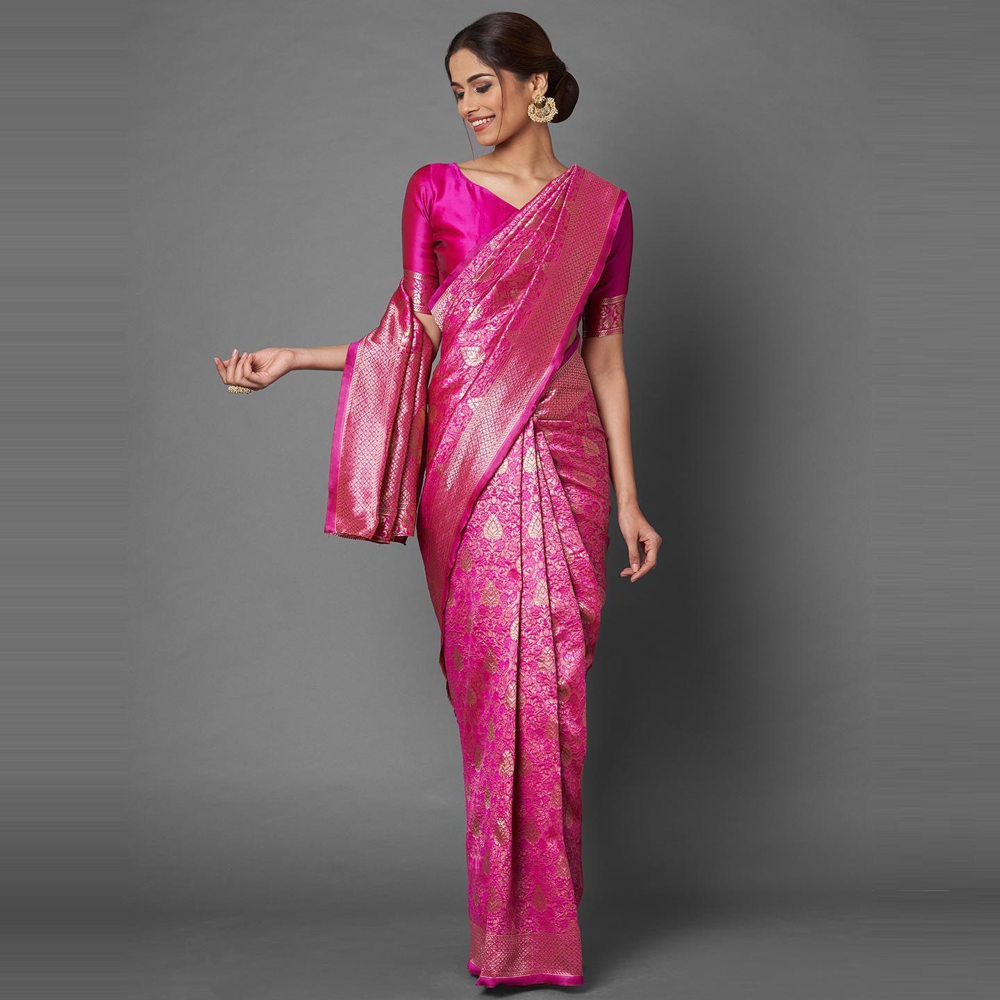 Saree Mall Pink Festive Wear Art Silk Woven Floral Designer Saree With Unstitched Blouse - Peachmode