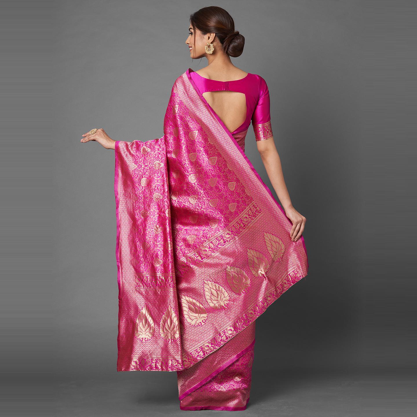 Saree Mall Pink Festive Wear Art Silk Woven Floral Designer Saree With Unstitched Blouse - Peachmode