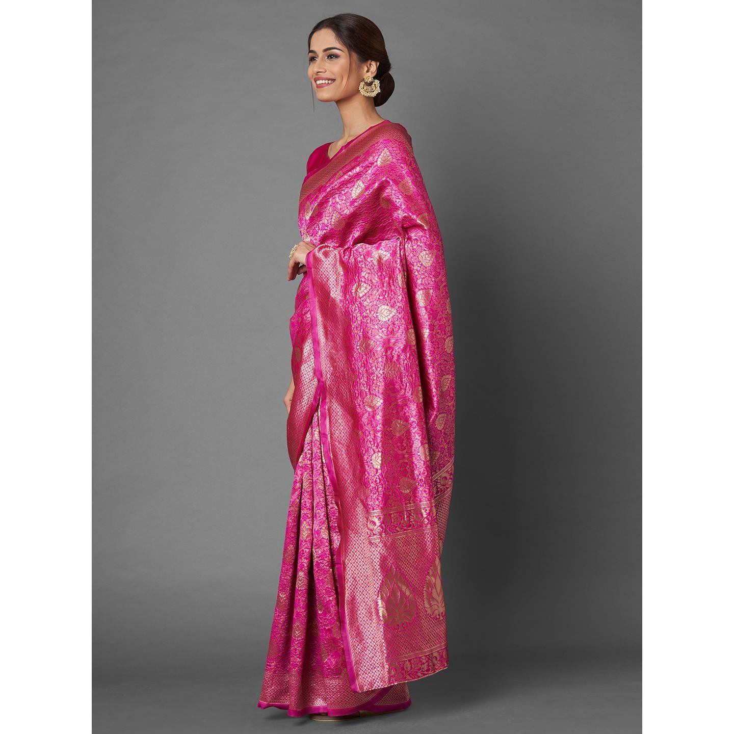 Saree Mall Pink Festive Wear Art Silk Woven Floral Designer Saree With Unstitched Blouse - Peachmode