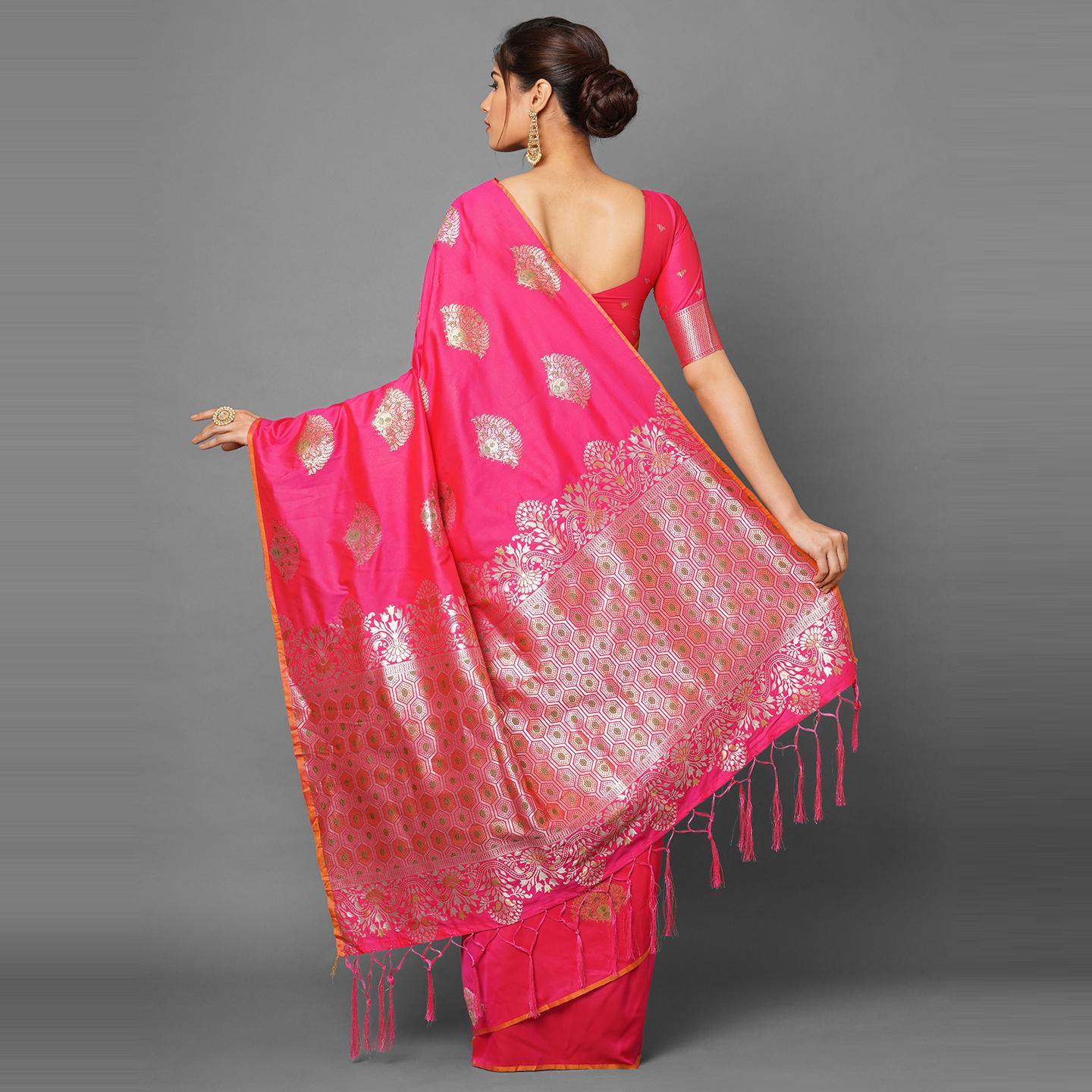 Saree Mall Pink Festive Wear Silk Blend Abstract Designer Woven Border Saree With Unstitched Blouse - Peachmode