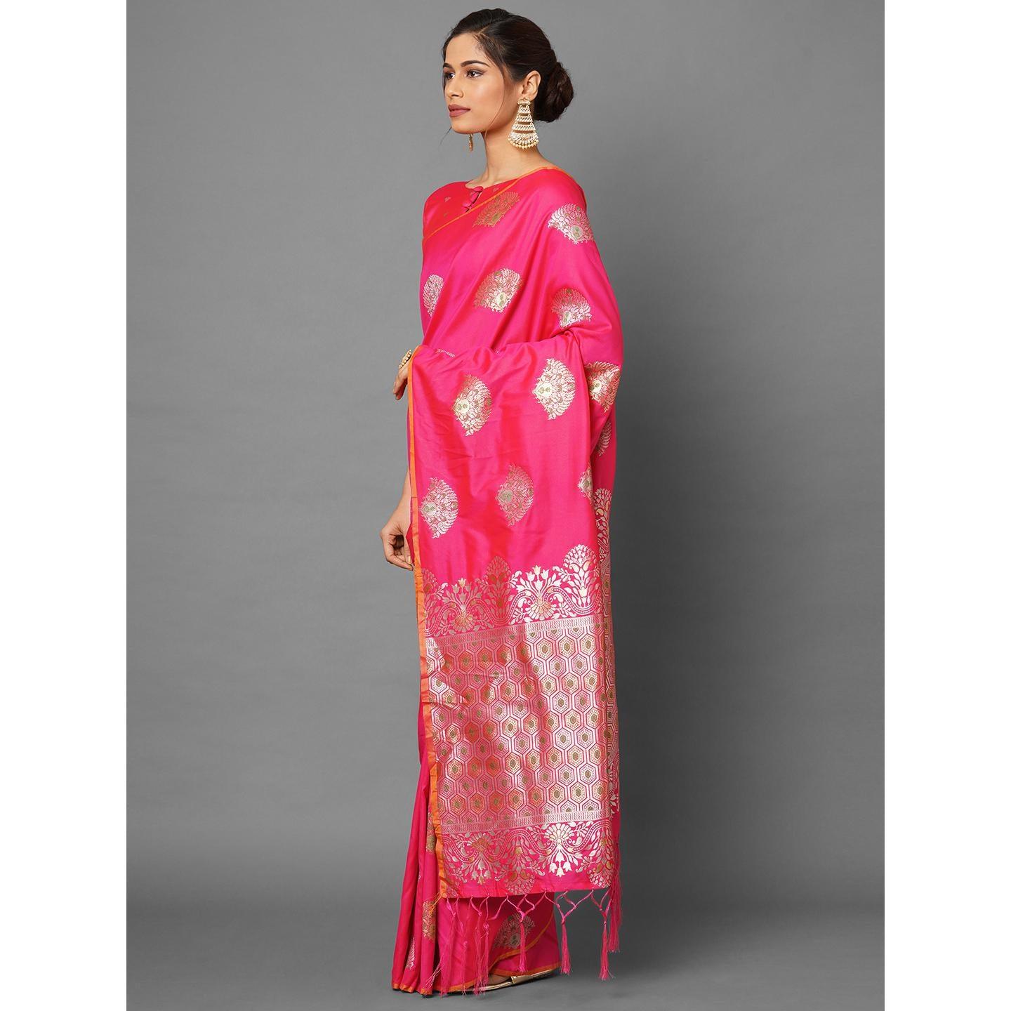 Saree Mall Pink Festive Wear Silk Blend Abstract Designer Woven Border Saree With Unstitched Blouse - Peachmode