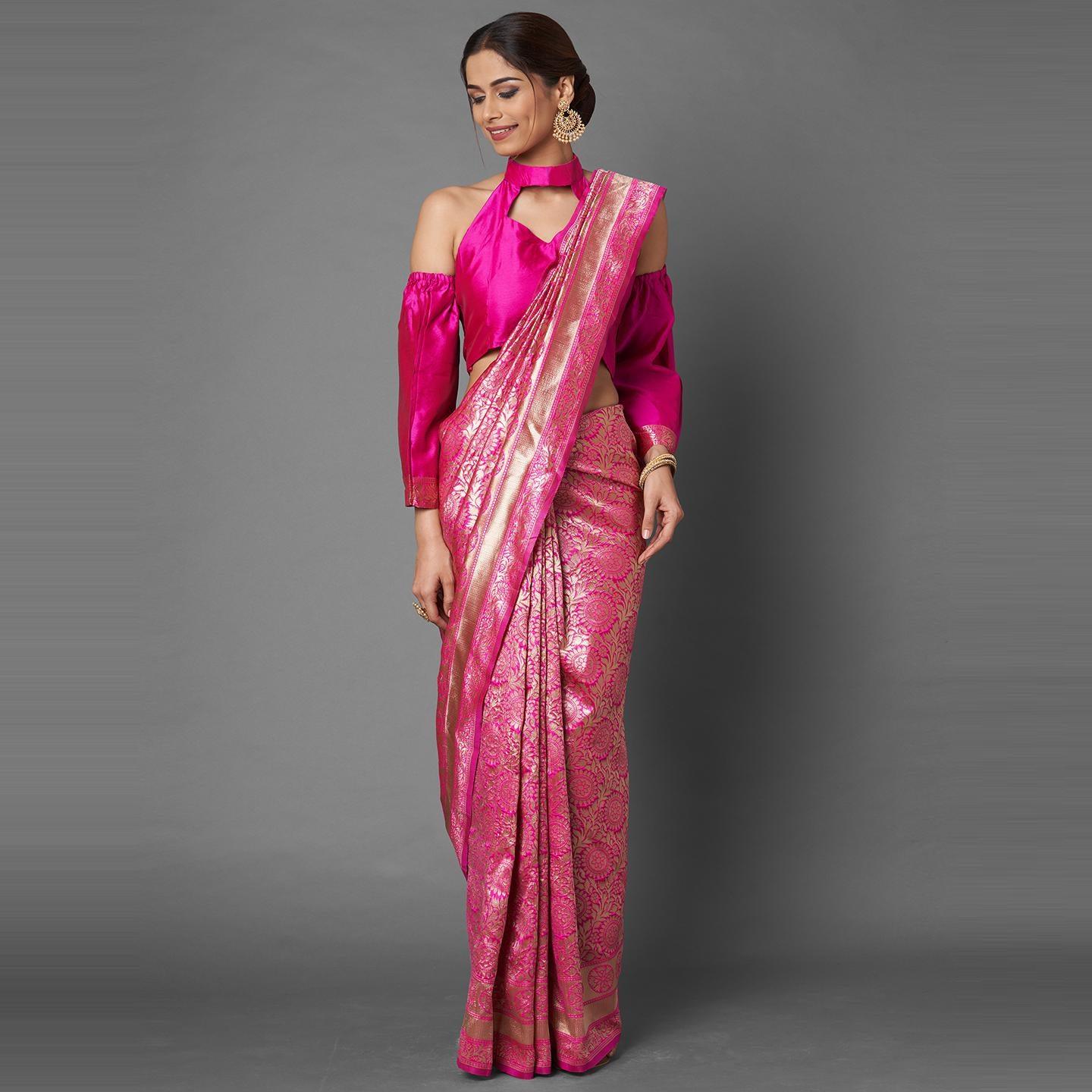 Saree Mall Pink Festive Wear Silk Blend Floral Designer Banarasi Saree With Unstitched Blouse - Peachmode