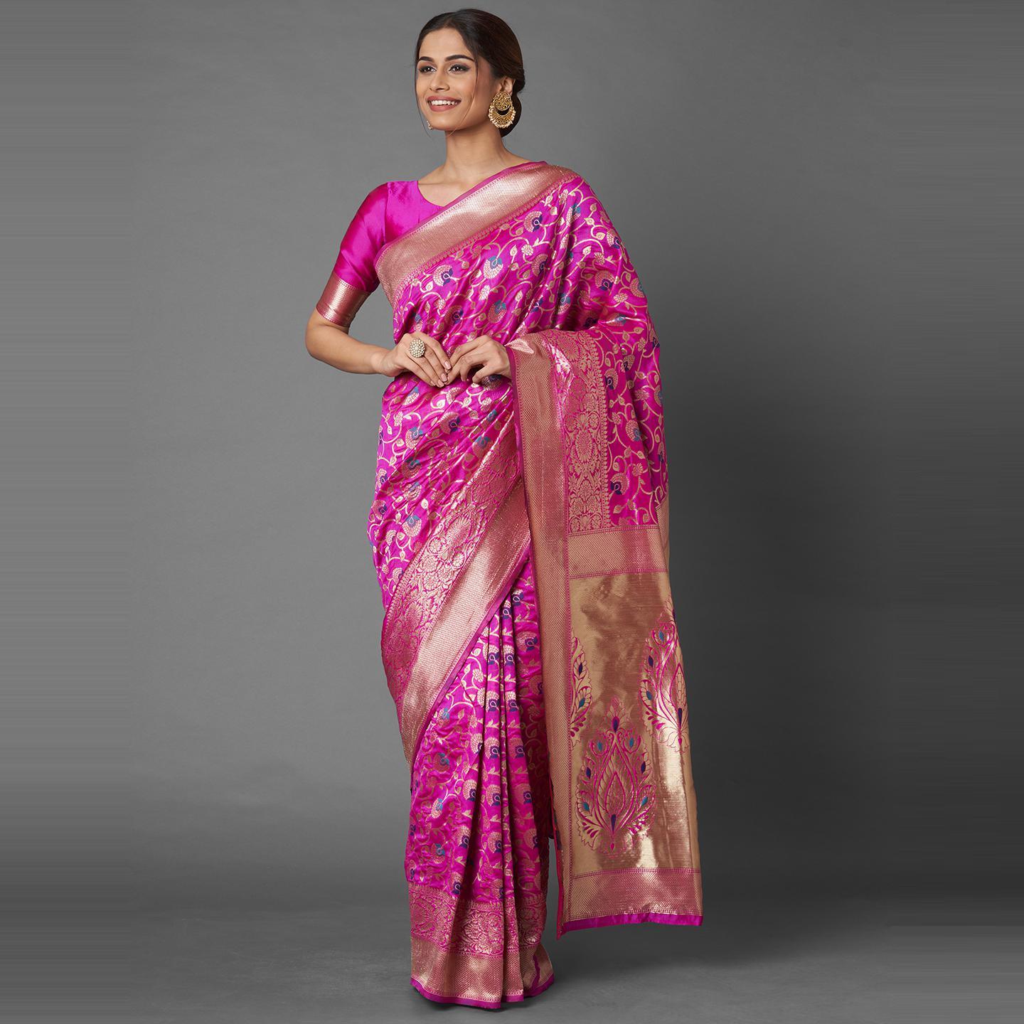 Saree Mall Pink Festive Wear Silk Blend Floral Designer Banarasi Saree With Unstitched Blouse - Peachmode
