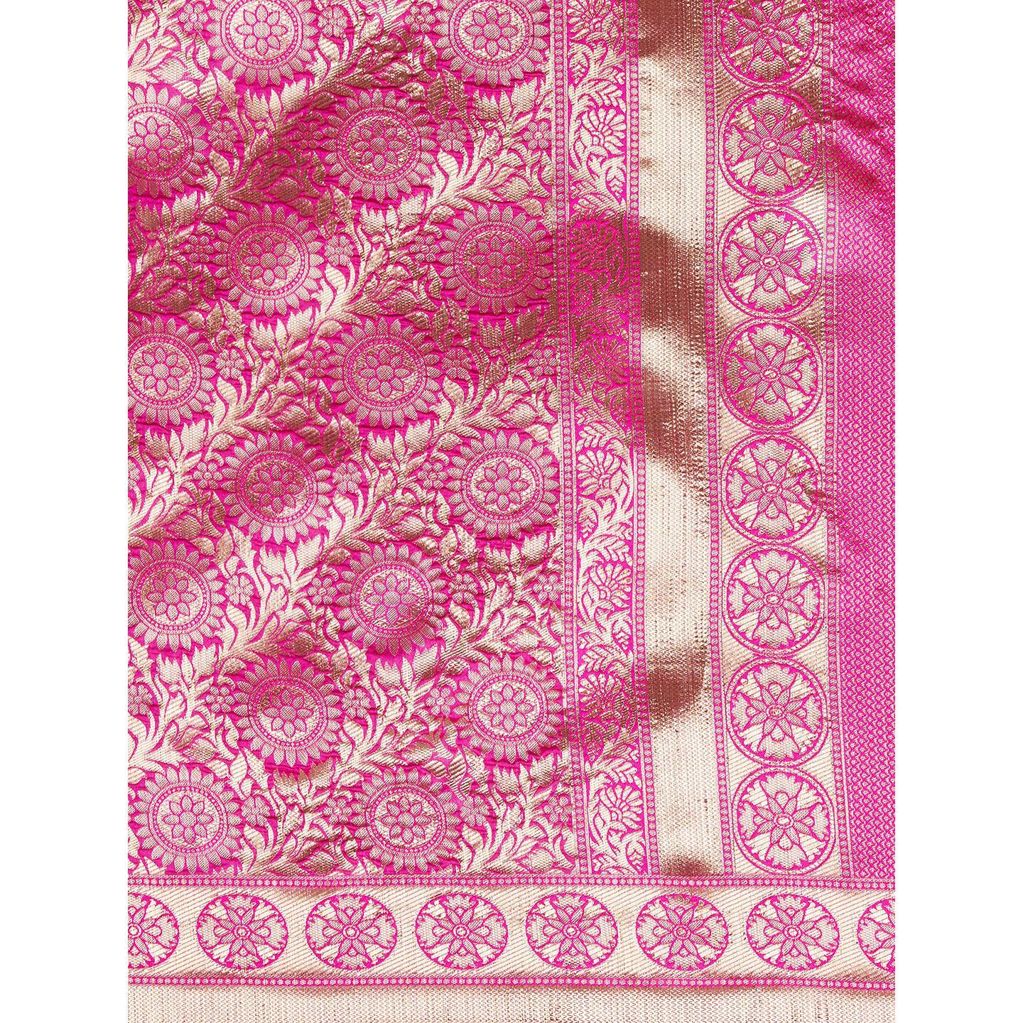 Saree Mall Pink Festive Wear Silk Blend Floral Designer Banarasi Saree With Unstitched Blouse - Peachmode