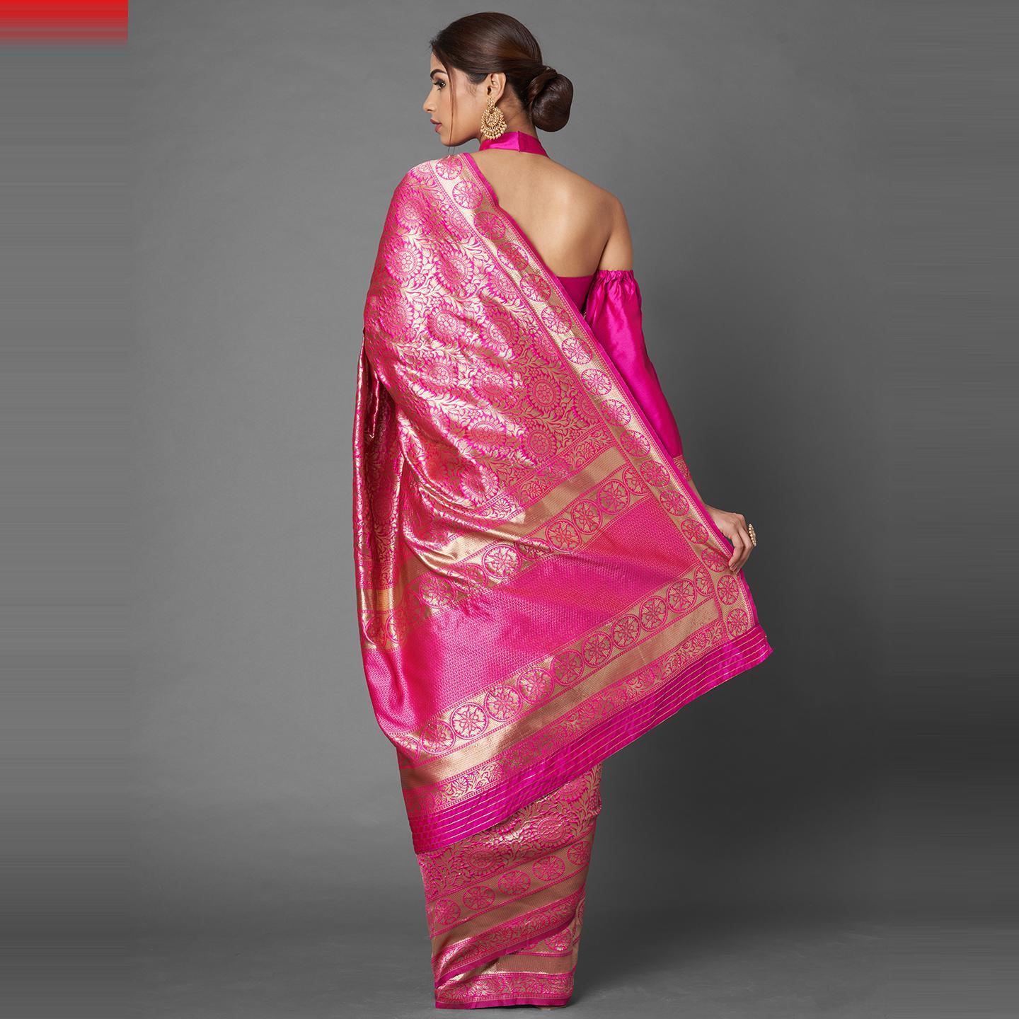 Saree Mall Pink Festive Wear Silk Blend Floral Designer Banarasi Saree With Unstitched Blouse - Peachmode